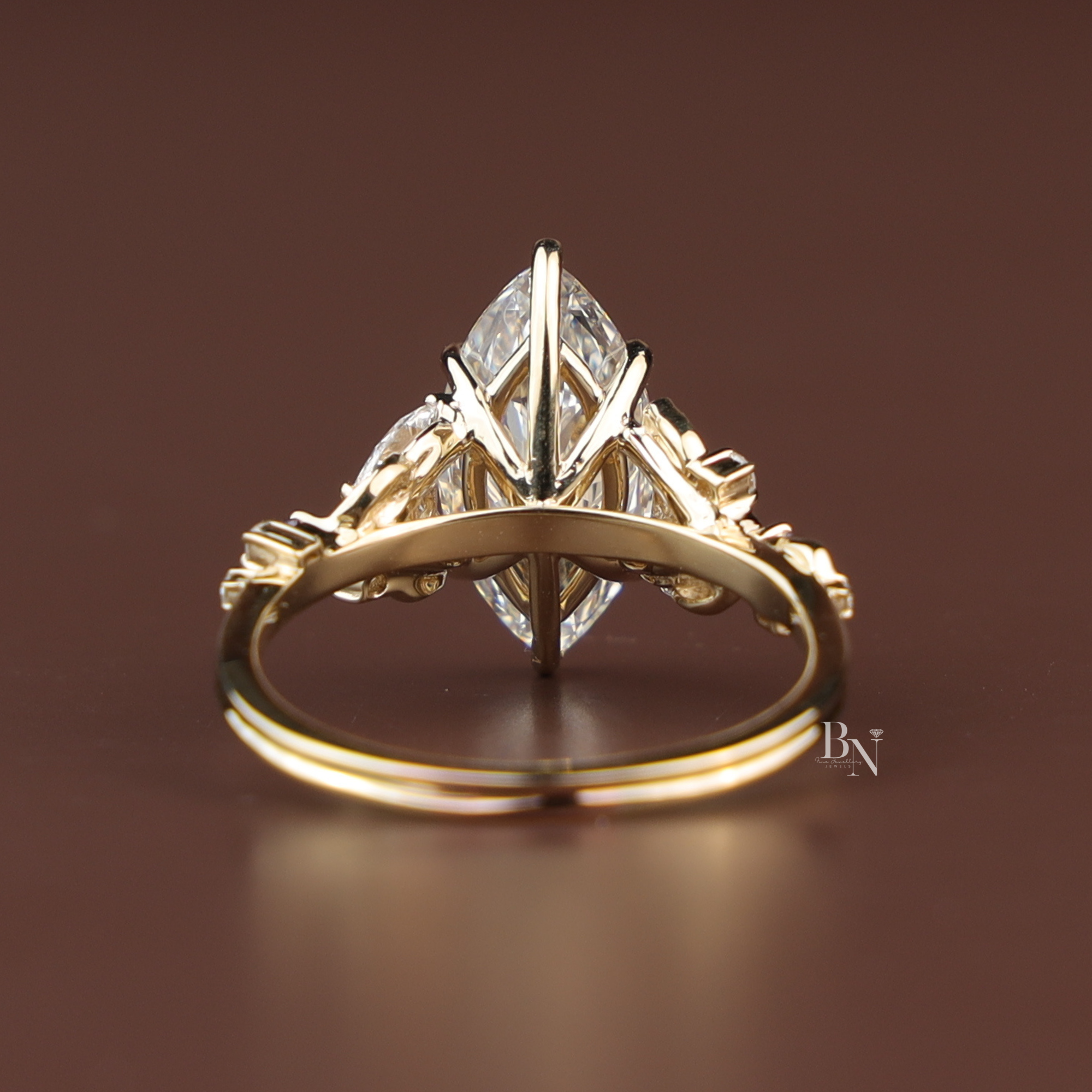 Marquise Lab Diamond Engagement Ring, 3 Carat Appearance Botanical Setting, Yellow Gold Tone Nature Bridal Ring