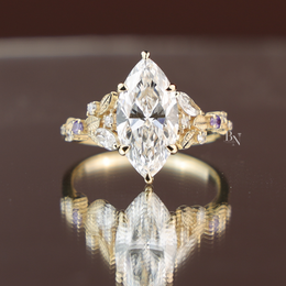 Marquise Lab Diamond Engagement Ring, 3 Carat Appearance Botanical Setting, Yellow Gold Tone Nature Bridal Ring