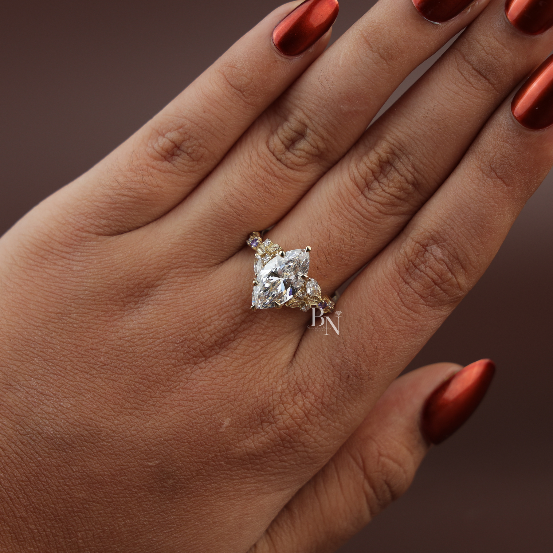 Marquise Lab Diamond Engagement Ring, 3 Carat Appearance Botanical Setting, Yellow Gold Tone Nature Bridal Ring