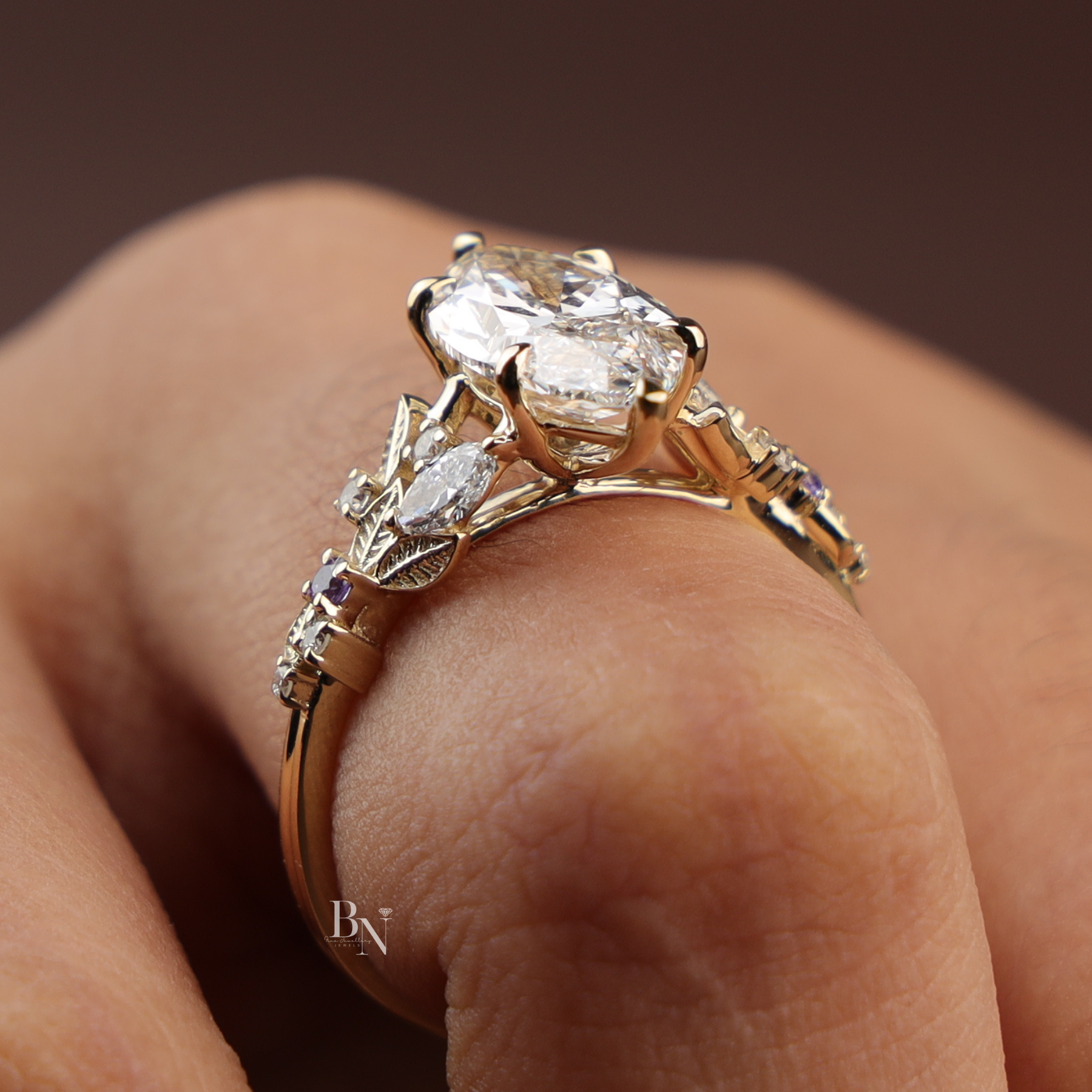 Marquise Lab Diamond Engagement Ring, 3 Carat Appearance Botanical Setting, Yellow Gold Tone Nature Bridal Ring