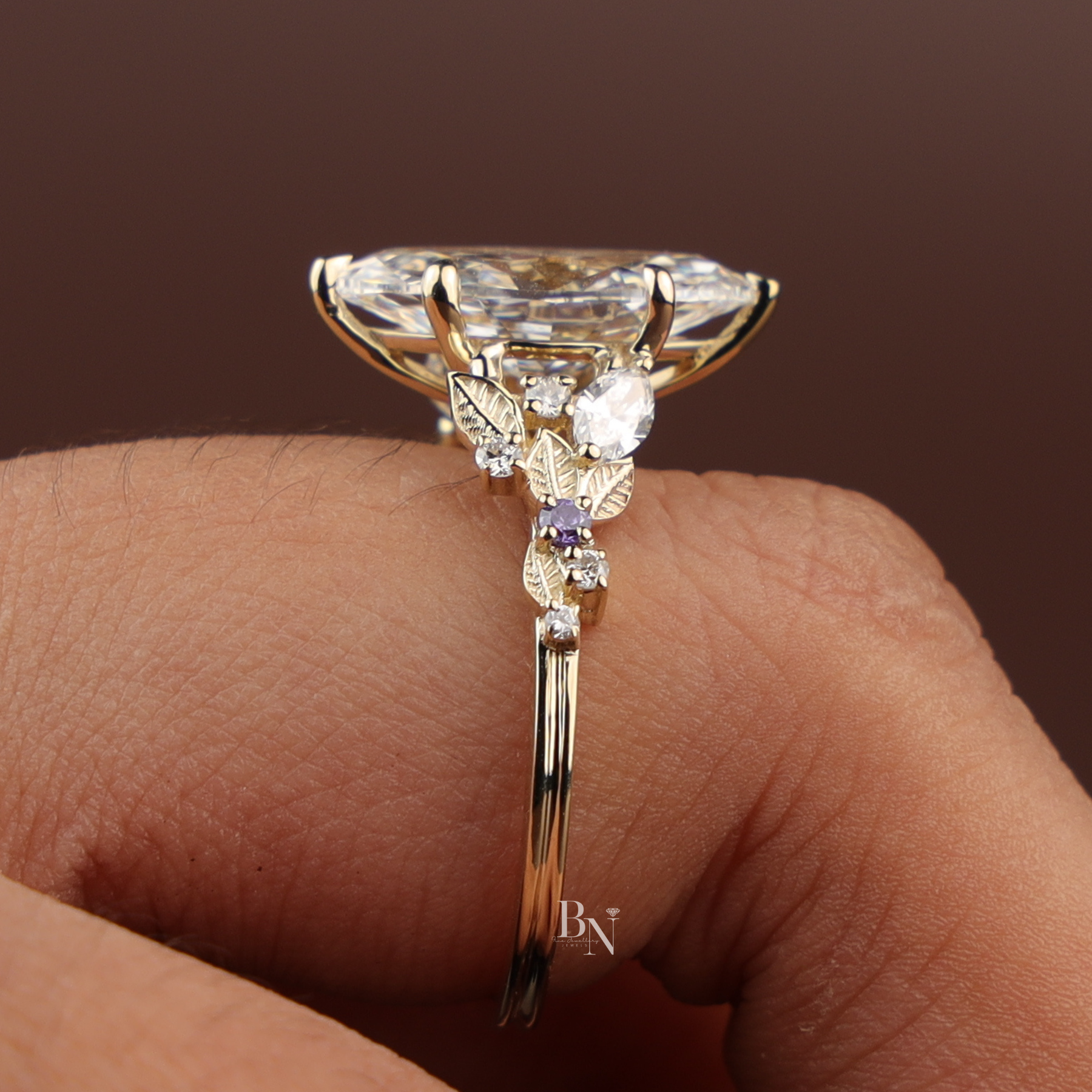 Marquise Lab Diamond Engagement Ring, 3 Carat Appearance Botanical Setting, Yellow Gold Tone Nature Bridal Ring