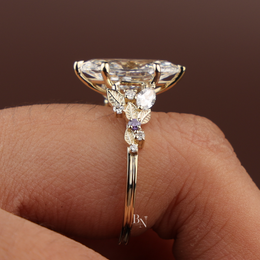 Marquise Lab Diamond Engagement Ring, 3 Carat Appearance Botanical Setting, Yellow Gold Tone Nature Bridal Ring