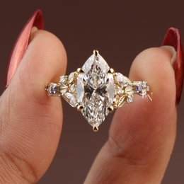 Marquise Lab Diamond Engagement Ring, 3 Carat Appearance Botanical Setting, Yellow Gold Tone Nature Bridal Ring
