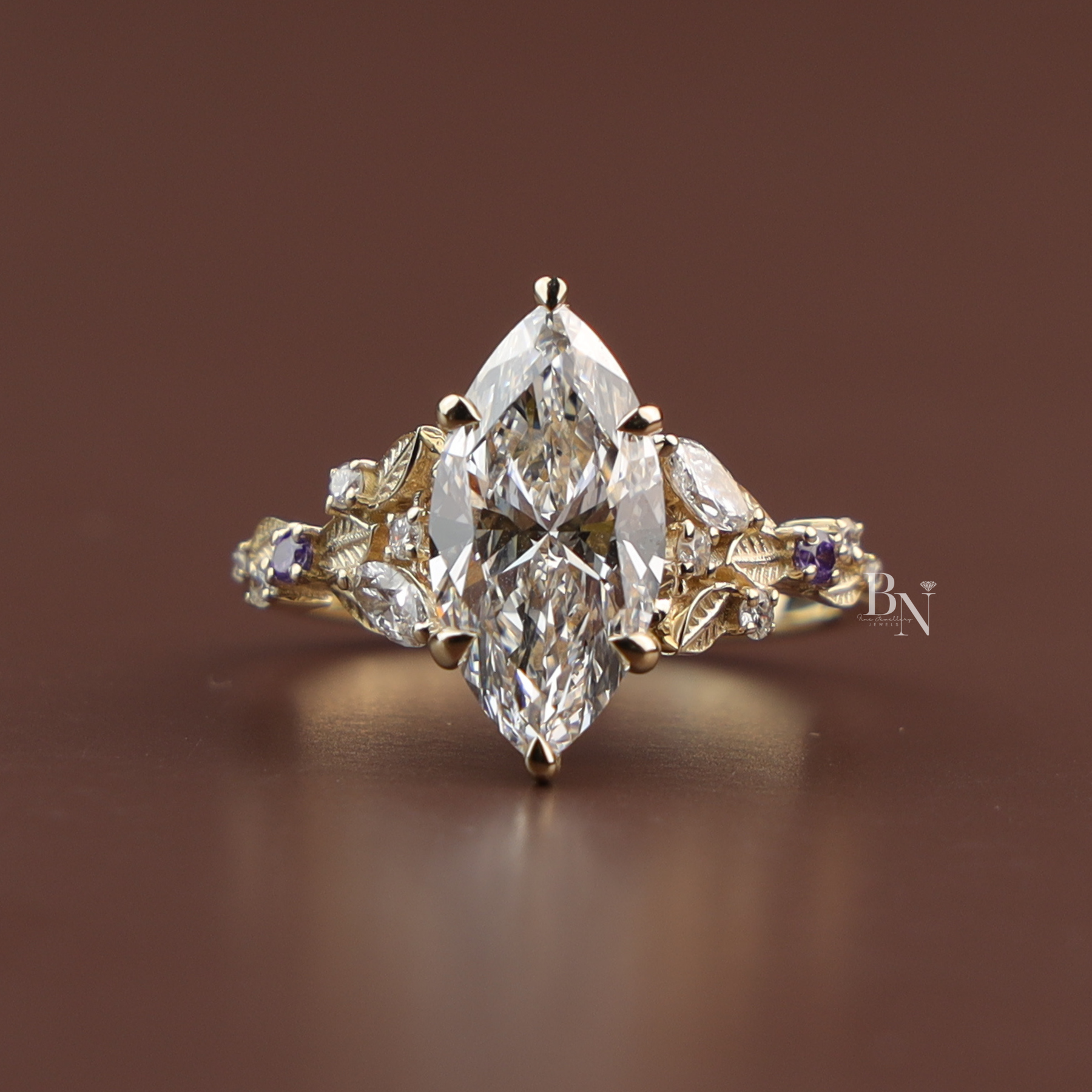 Marquise Lab Diamond Engagement Ring, 3 Carat Appearance Botanical Setting, Yellow Gold Tone Nature Bridal Ring
