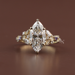 Marquise Lab Diamond Engagement Ring, 3 Carat Appearance Botanical Setting, Yellow Gold Tone Nature Bridal Ring