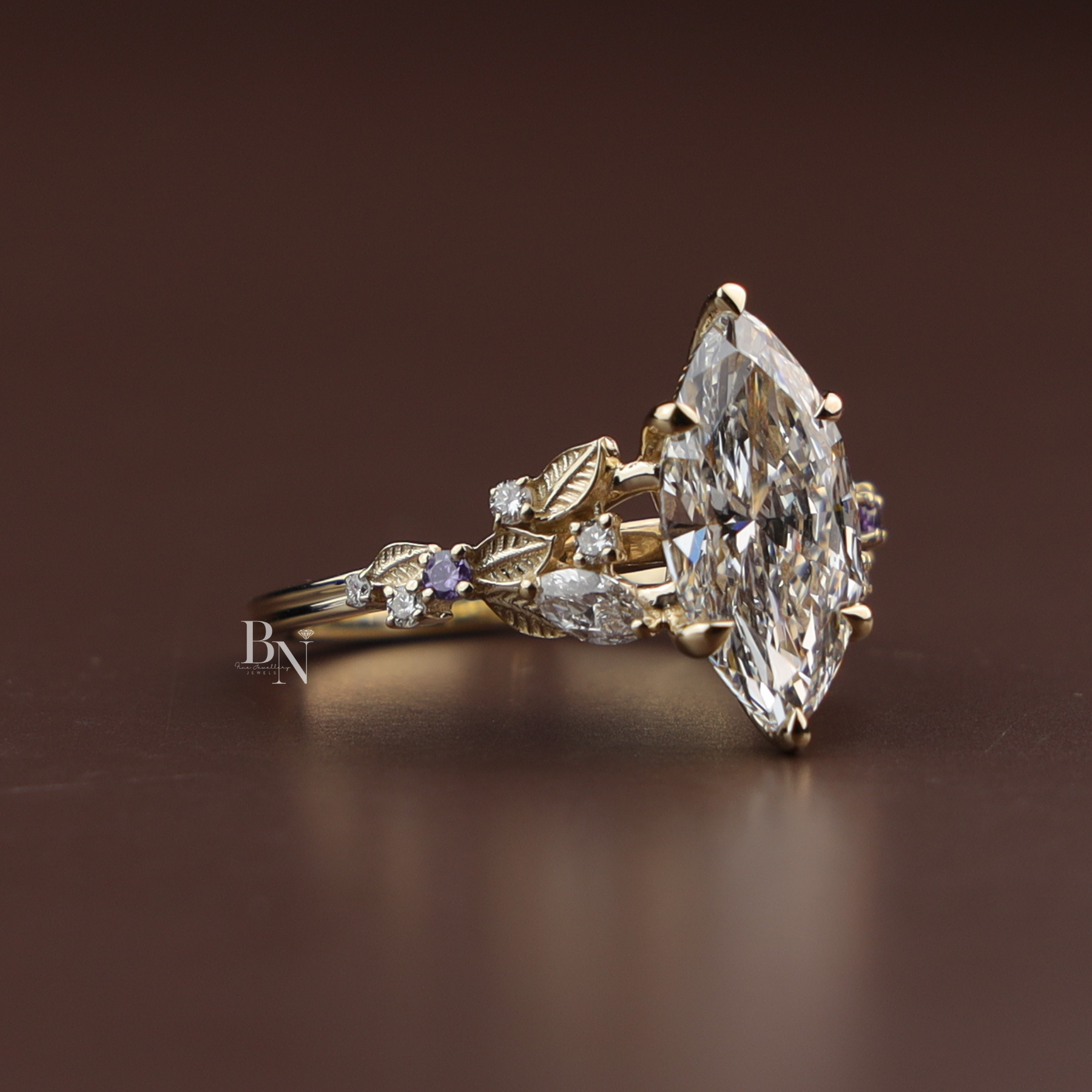 Marquise Lab Diamond Engagement Ring, 3 Carat Appearance Botanical Setting, Yellow Gold Tone Nature Bridal Ring