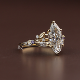 Marquise Lab Diamond Engagement Ring, 3 Carat Appearance Botanical Setting, Yellow Gold Tone Nature Bridal Ring