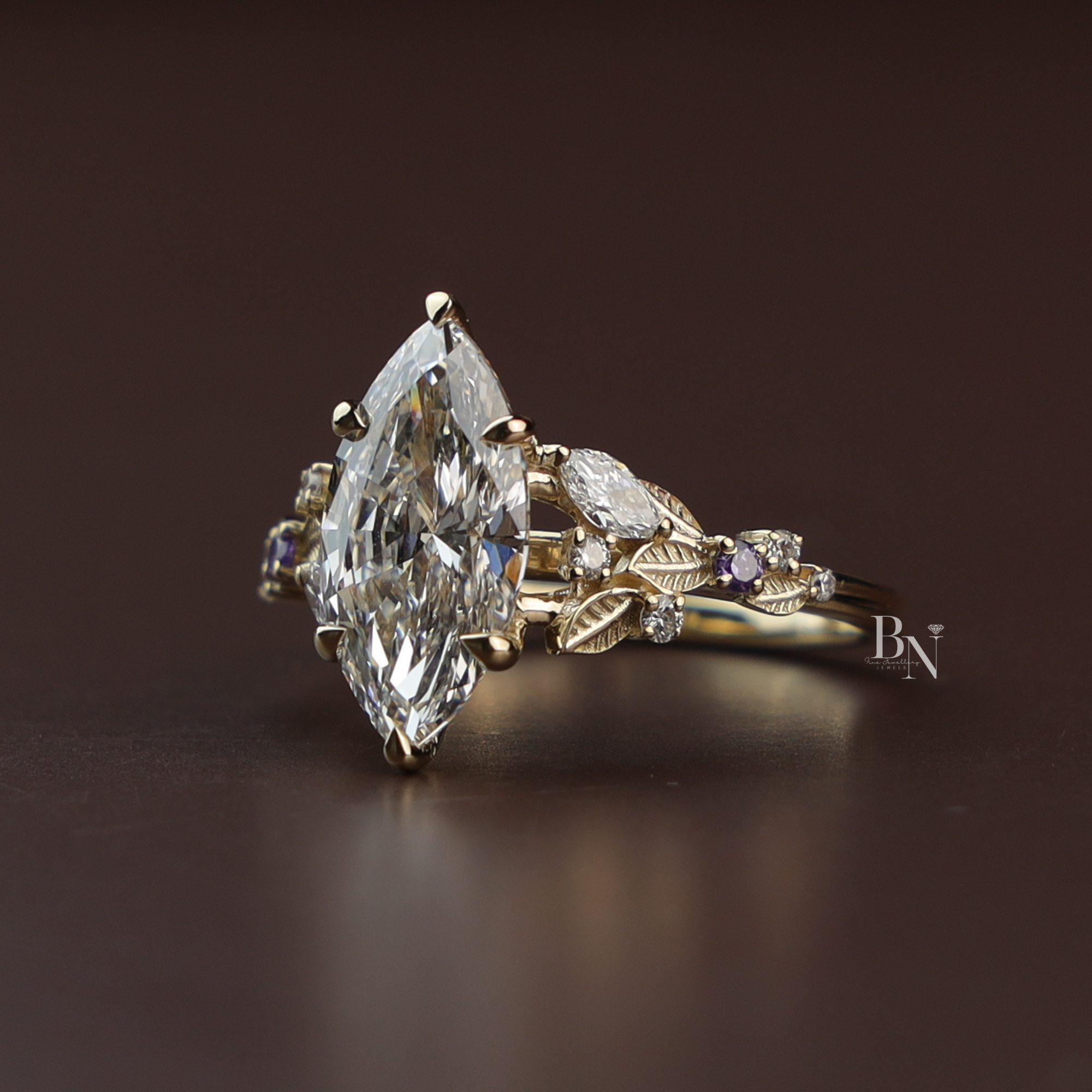 Marquise Lab Diamond Engagement Ring, 3 Carat Appearance Botanical Setting, Yellow Gold Tone Nature Bridal Ring