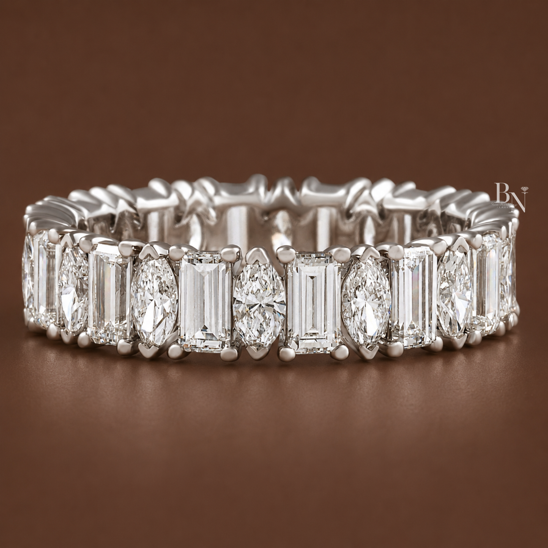 Marquise and Baguette Lab Diamond Band, 2.60 Carat Closed Basket Ring, 14K Gold Alternating Bridal
