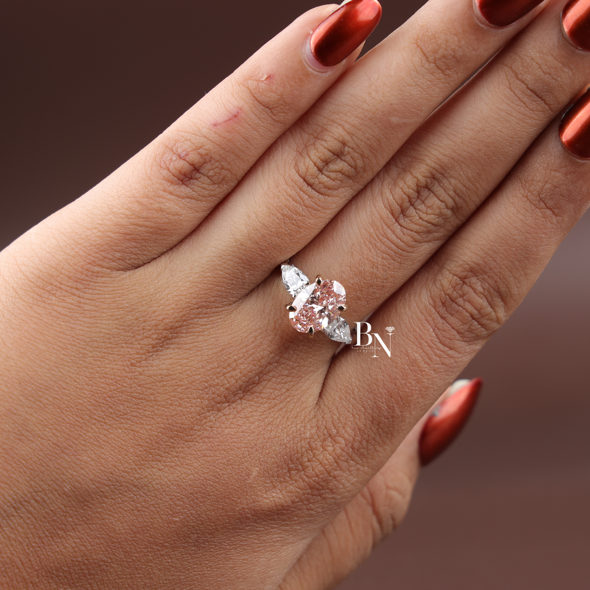 Oval Fancy Pink Lab Diamond Engagement Ring, 2 Carat Appearance Cluster Setting, Rose Gold Tone Bridal Ring (Copy)
