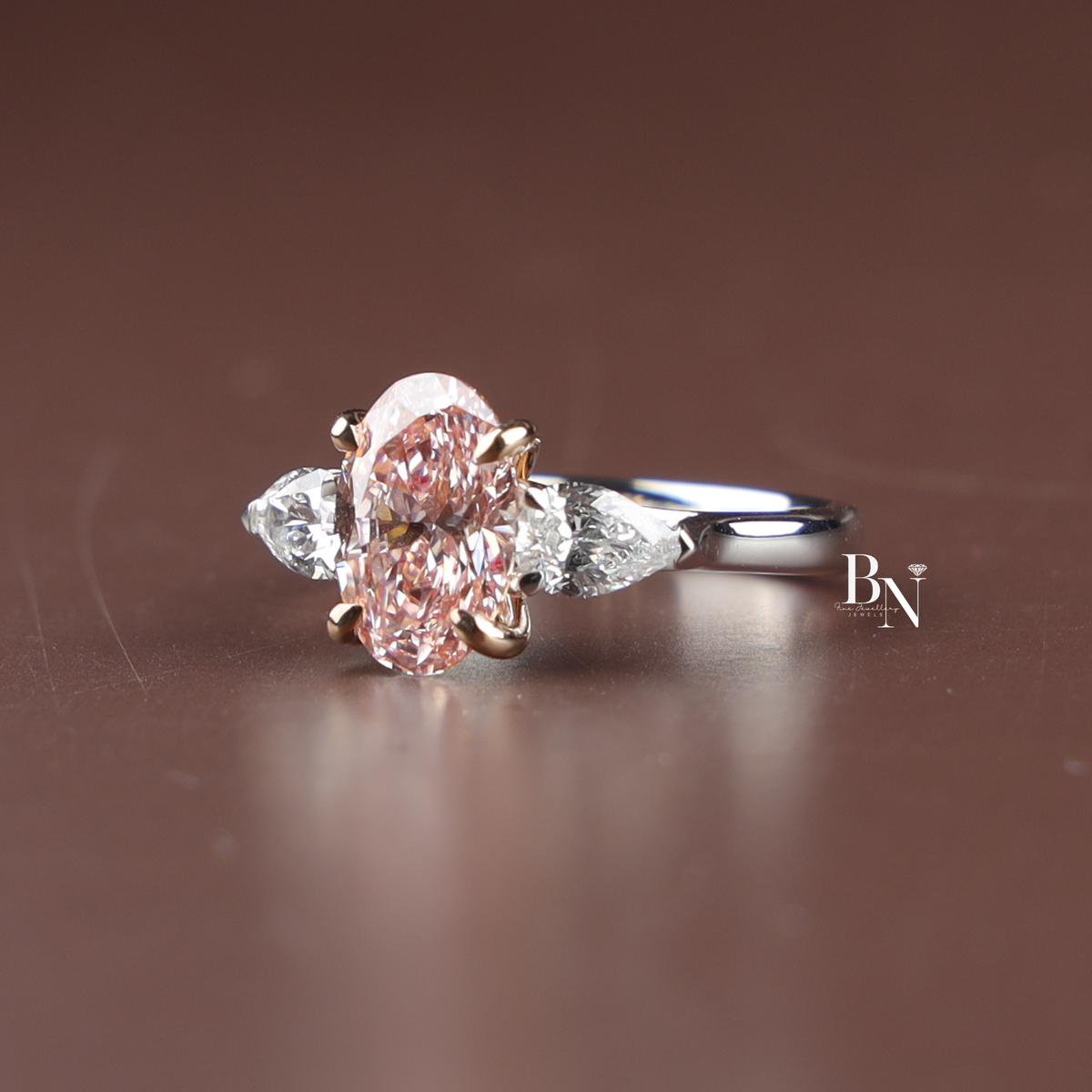 Oval Fancy Pink Lab Diamond Engagement Ring, 2 Carat Appearance Cluster Setting, Rose Gold Tone Bridal Ring (Copy)