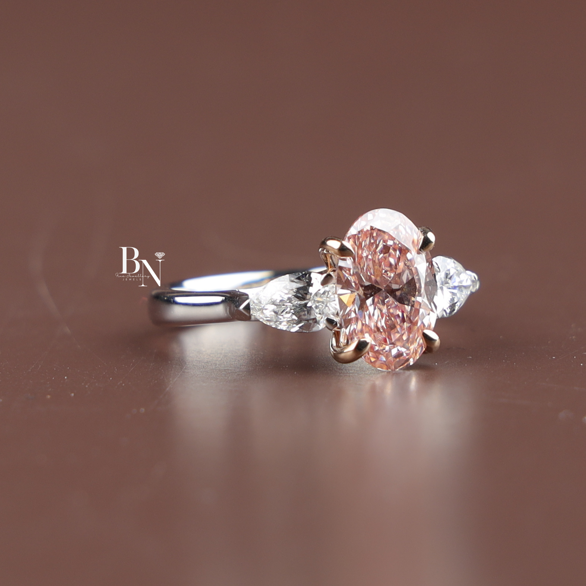 Oval Fancy Pink Lab Diamond Engagement Ring, 2 Carat Appearance Cluster Setting, Rose Gold Tone Bridal Ring (Copy)