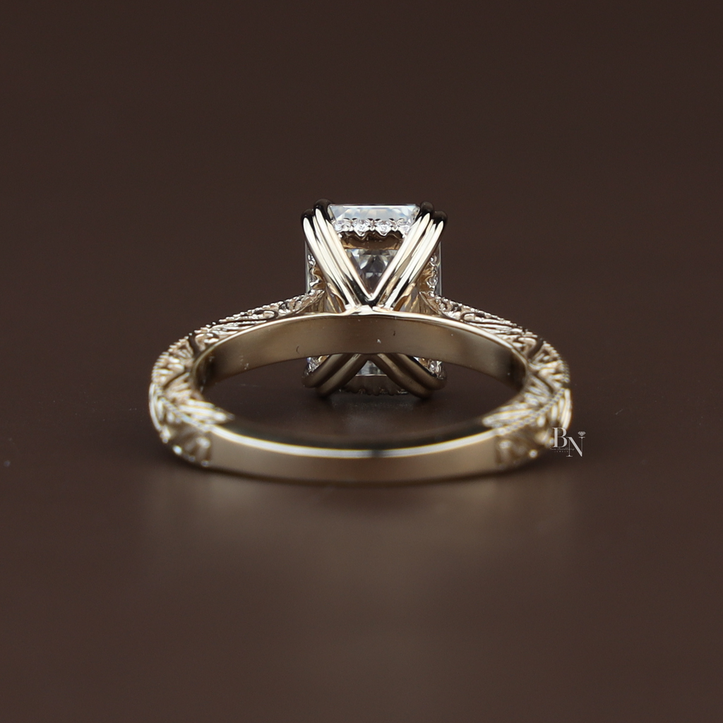 3ct Emerald Cut Lab Grown Diamond Engagement Ring | Vintage Engraved Gold Solitaire | Art Deco Antique Inspired |