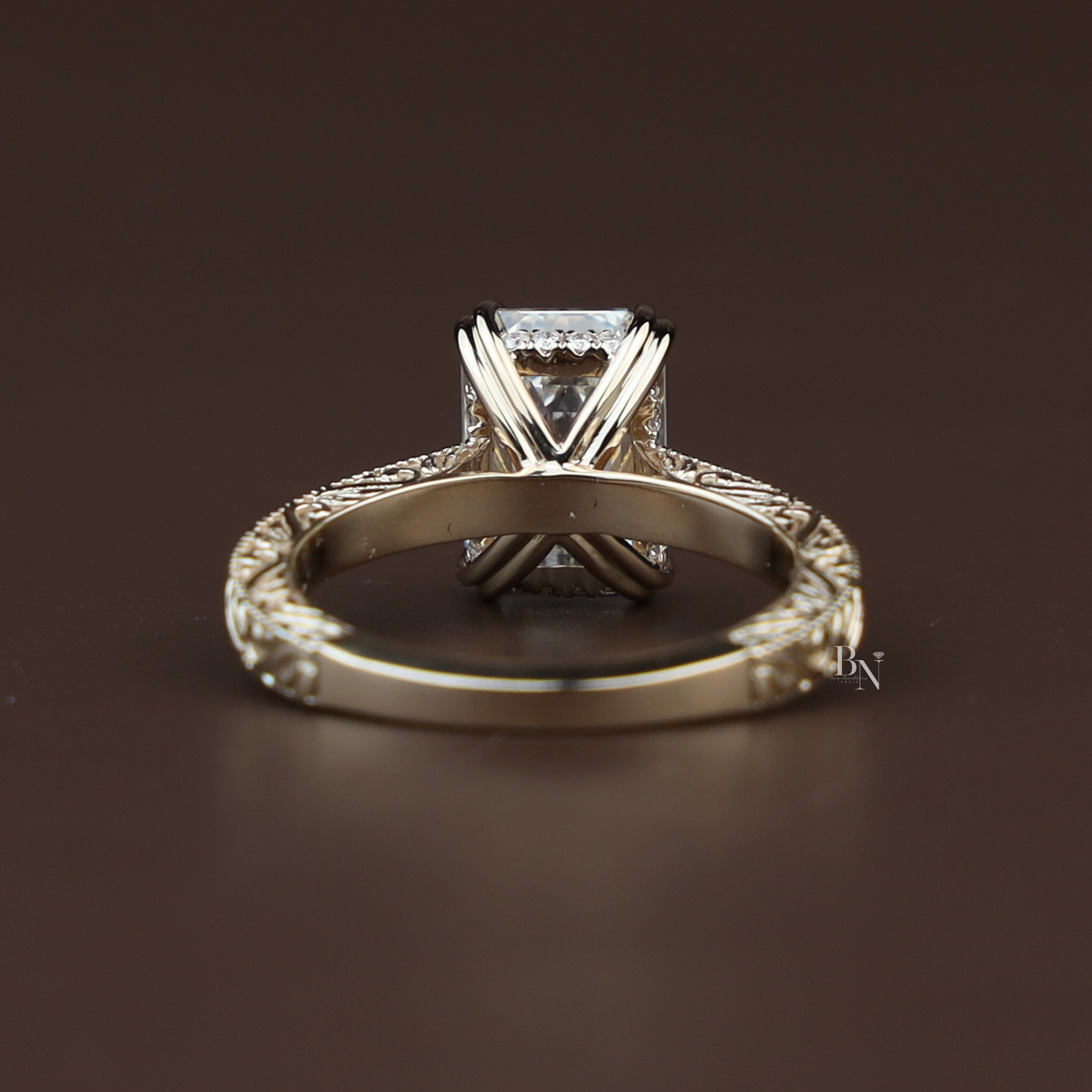 3ct Emerald Cut Lab Grown Diamond Engagement Ring | Vintage Engraved Art Deco Solitaire 14K Gold