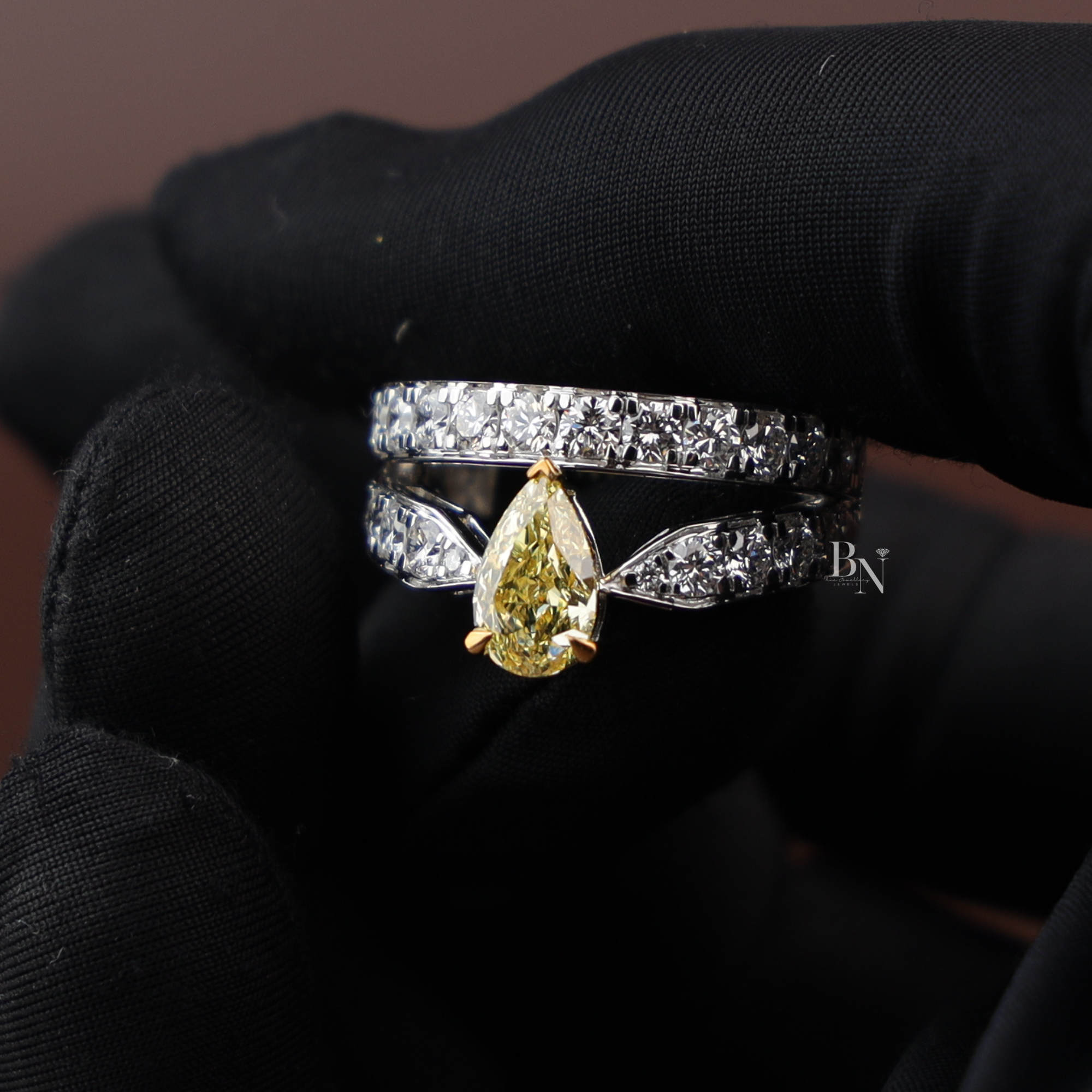 1ct Fancy Canary Yellow Lab Grown Diamond Bridal Set | 14K Yellow Gold Bezel Engagement Ring | Pave Chevron V Nesting Band
