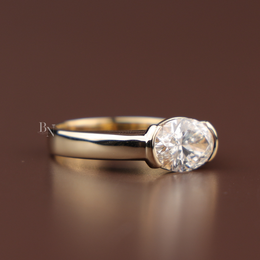 3ct East West Oval Cut Lab Grown Diamond Engagement Ring | Bezel Solitaire Horizontal Plain Band 14K Yellow Gold