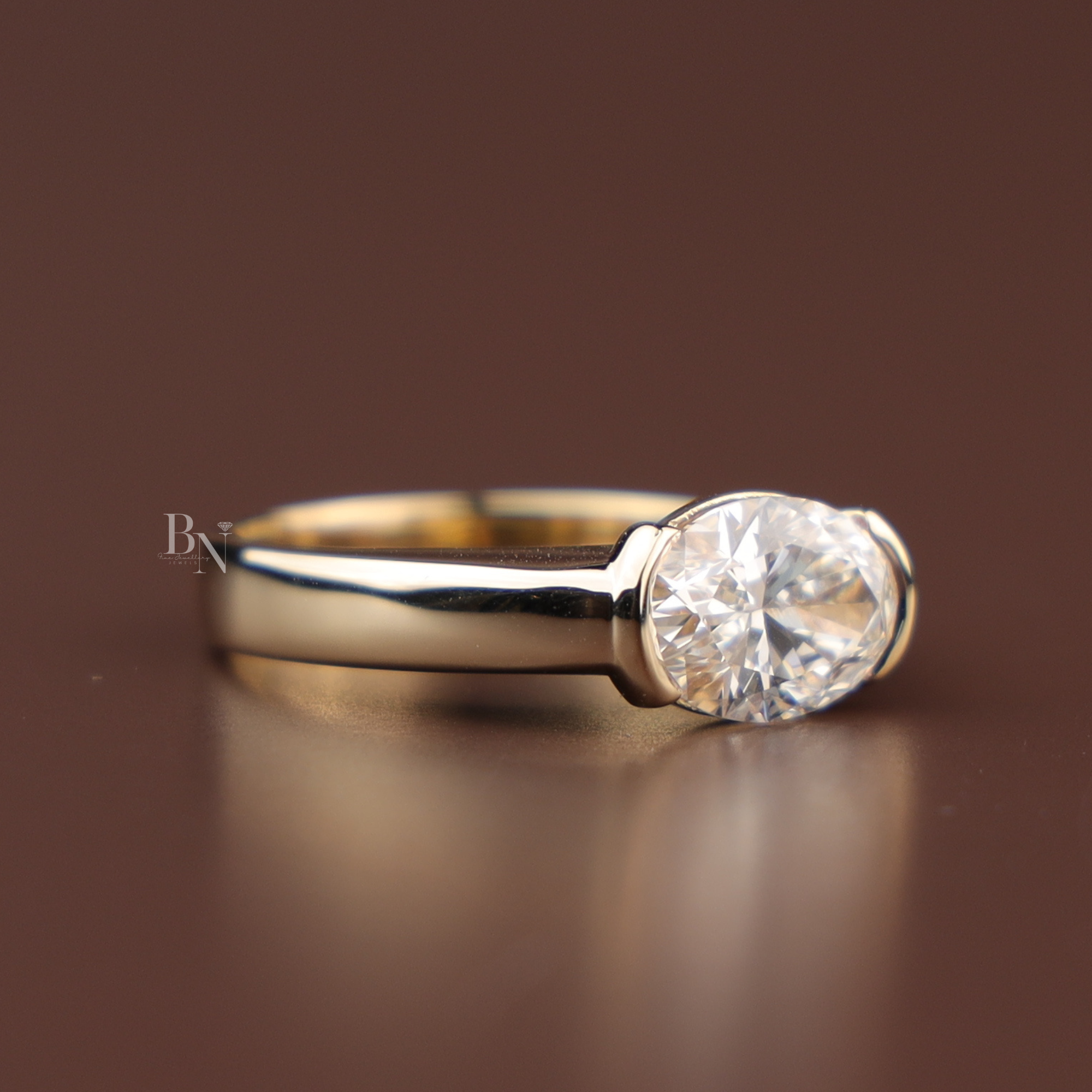 3ct East West Oval Cut Lab Grown Diamond Engagement Ring | 14K Yellow Gold Bezel Solitaire | Horizontal Oval Plain Band
