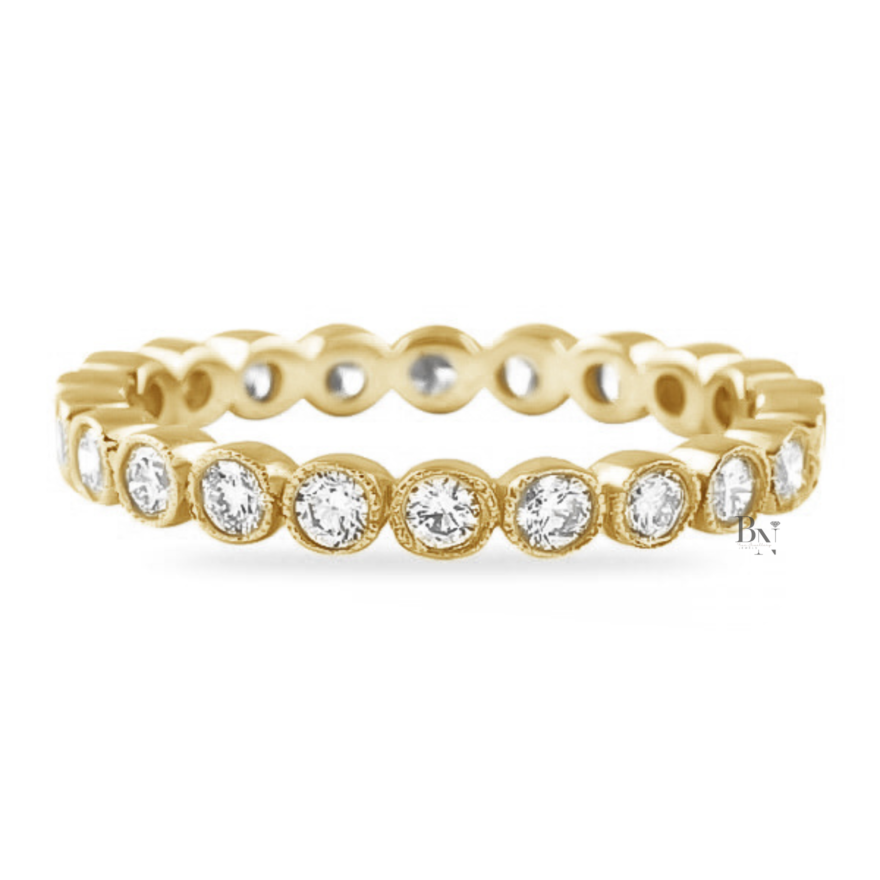 0.75ct Bezel Eternity Band, Milgrain Rose Gold Wedding Ring, 2.5mm Vintage Style Low Profile Diamond Stacking Band