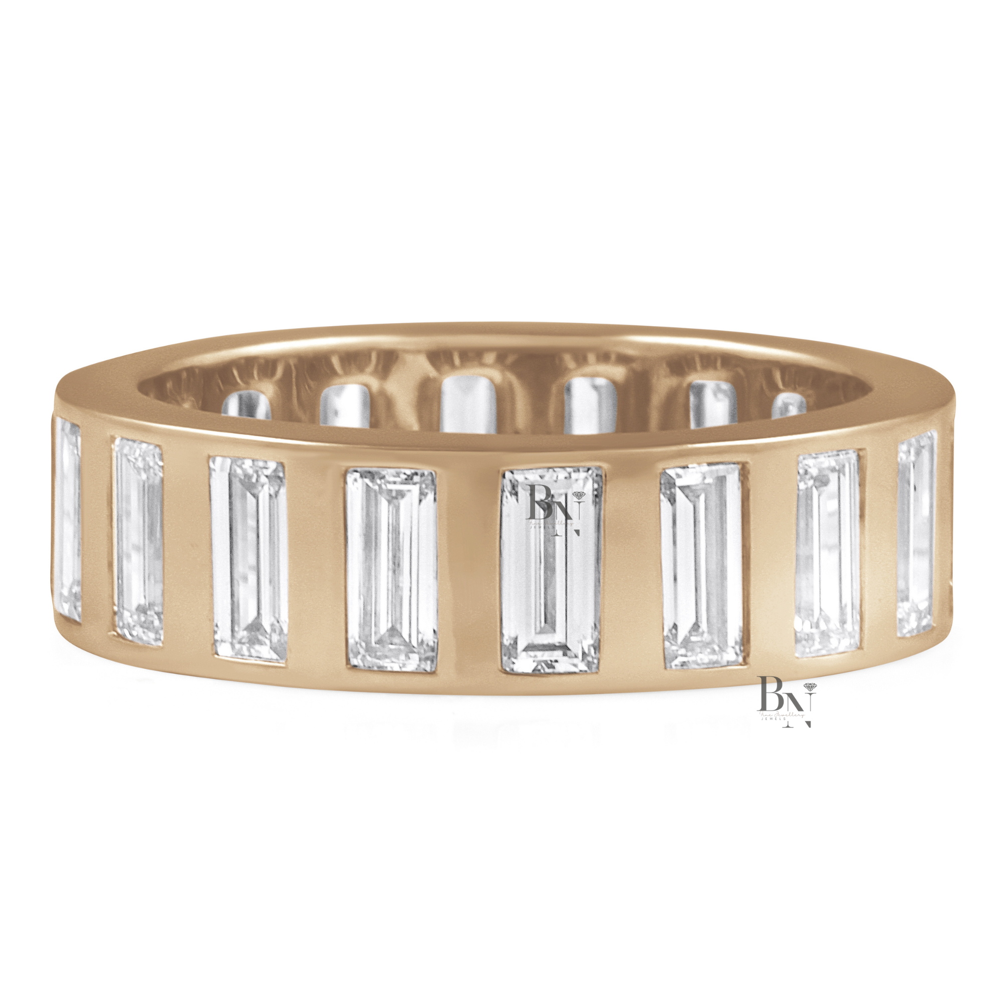 4CTW Baguette Lab Diamond Mens Wedding Band, Wide 6.6mm Flush Set Eternity Ring, 14K Gold Statement Band