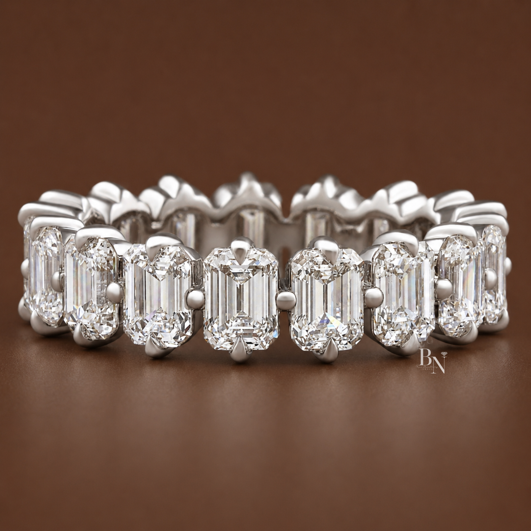 4CTW Emerald Cut Lab Diamond Eternity Band, Compass Prong Wedding Ring, 14K Gold 5.3mm Band
