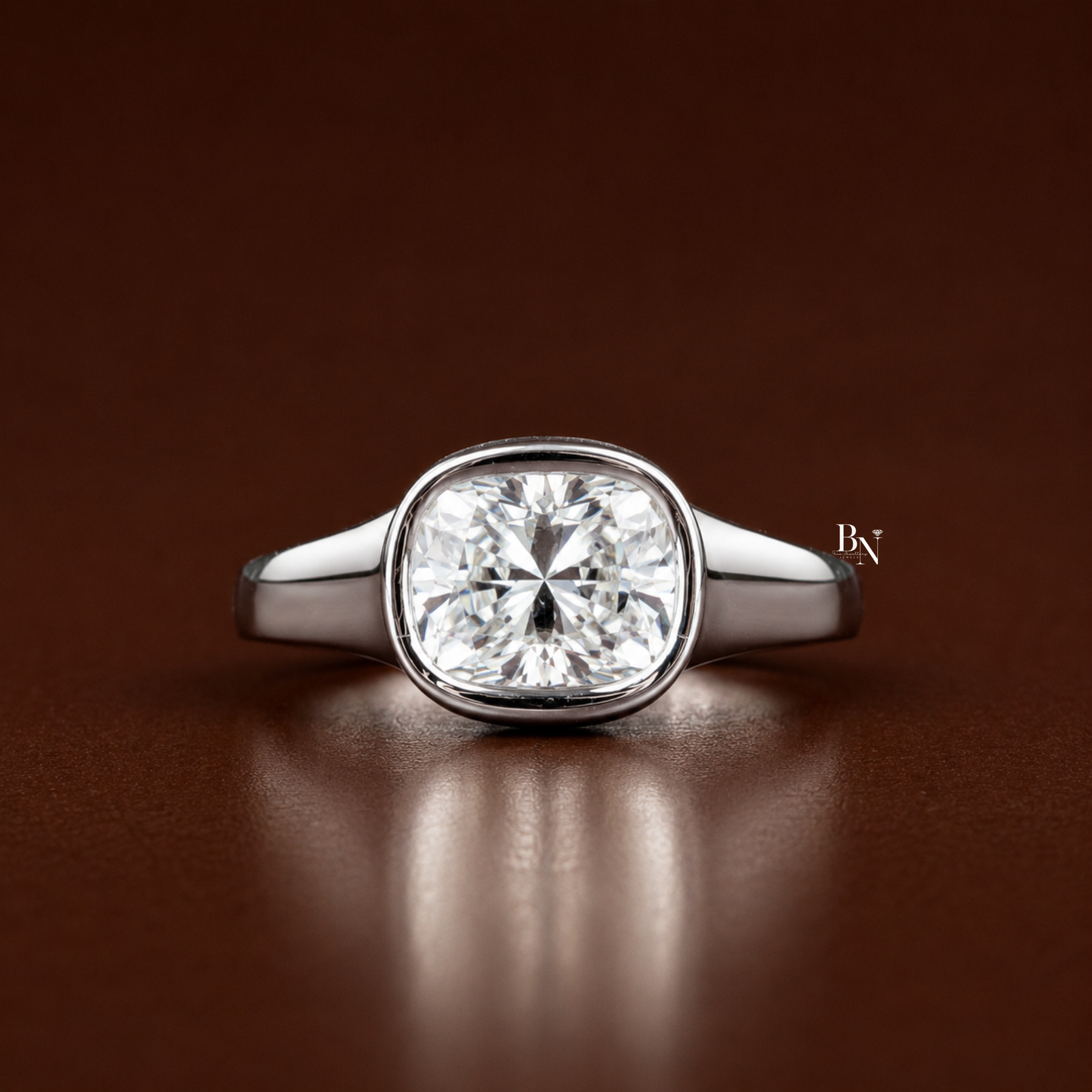 1.40 CT East West Cushion Cut Lab Diamond Ring, Low Profile Bezel Set Solitaire Ring
