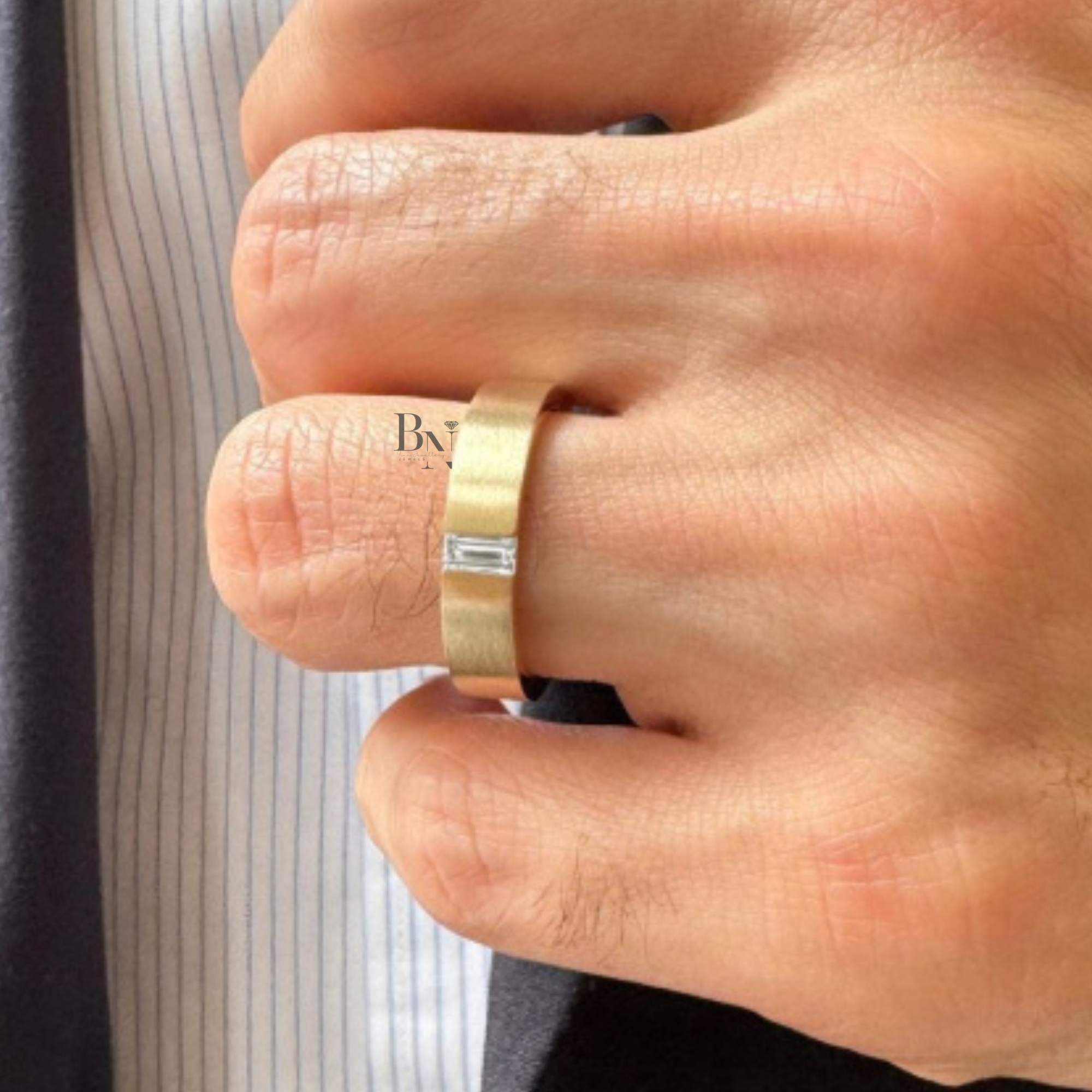 14K Gold Mens Lab Diamond Wedding Band, Matte Baguette Flush Set Ring, 5.2mm Minimalist Anniversary Band