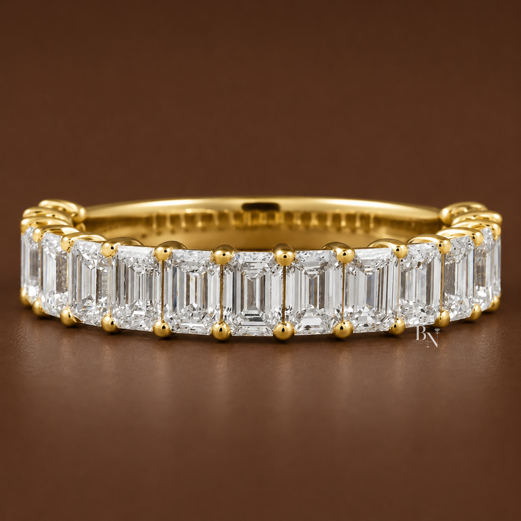 2CTW Emerald Cut Lab Diamond Wedding Band, 3/4 Eternity Airline Basket Ring, 4.1mm Anniversary Band