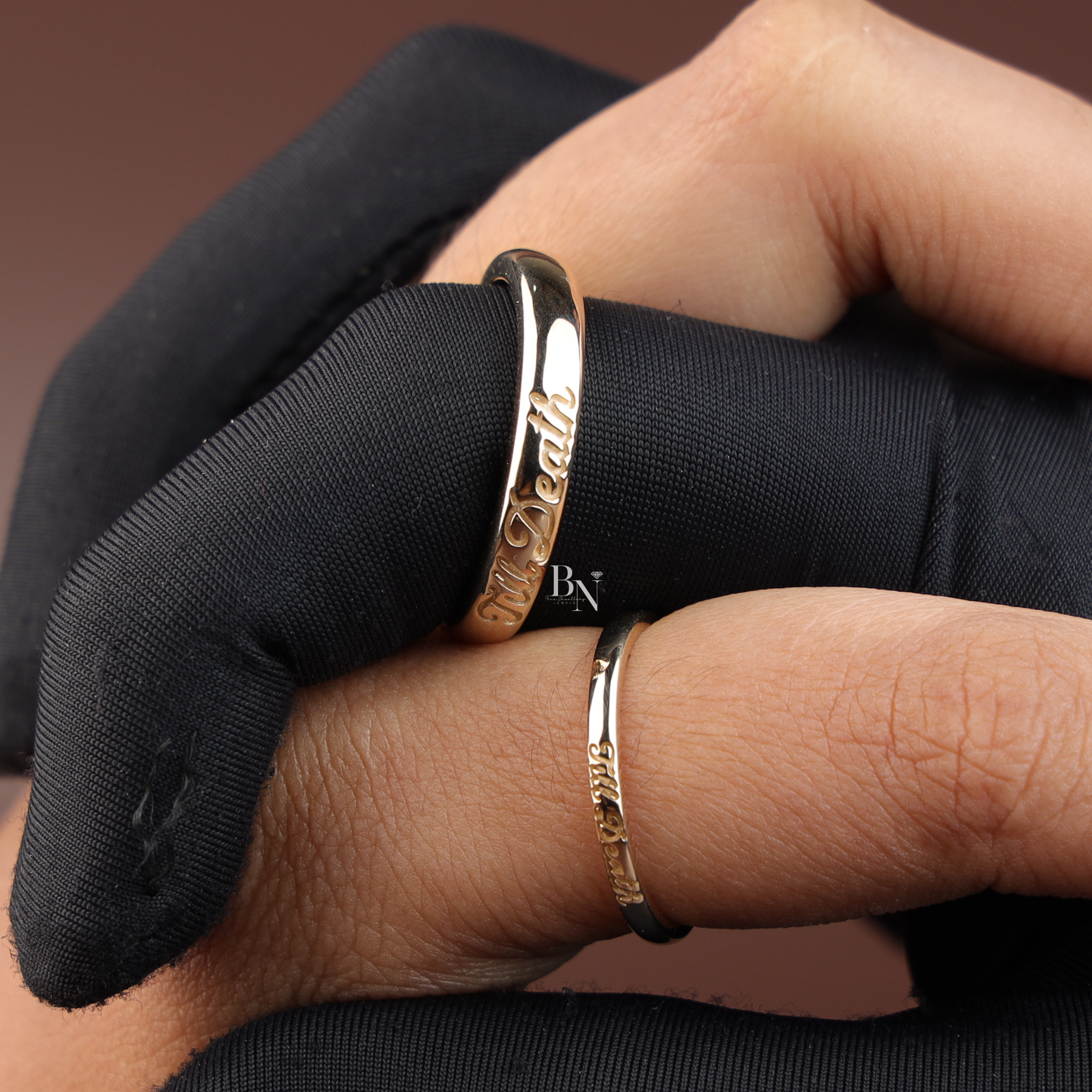 Till Death Wedding Band Set, 14K Gold Couple Rings, Matching Engraved Bands, Script Wedding Ring Set