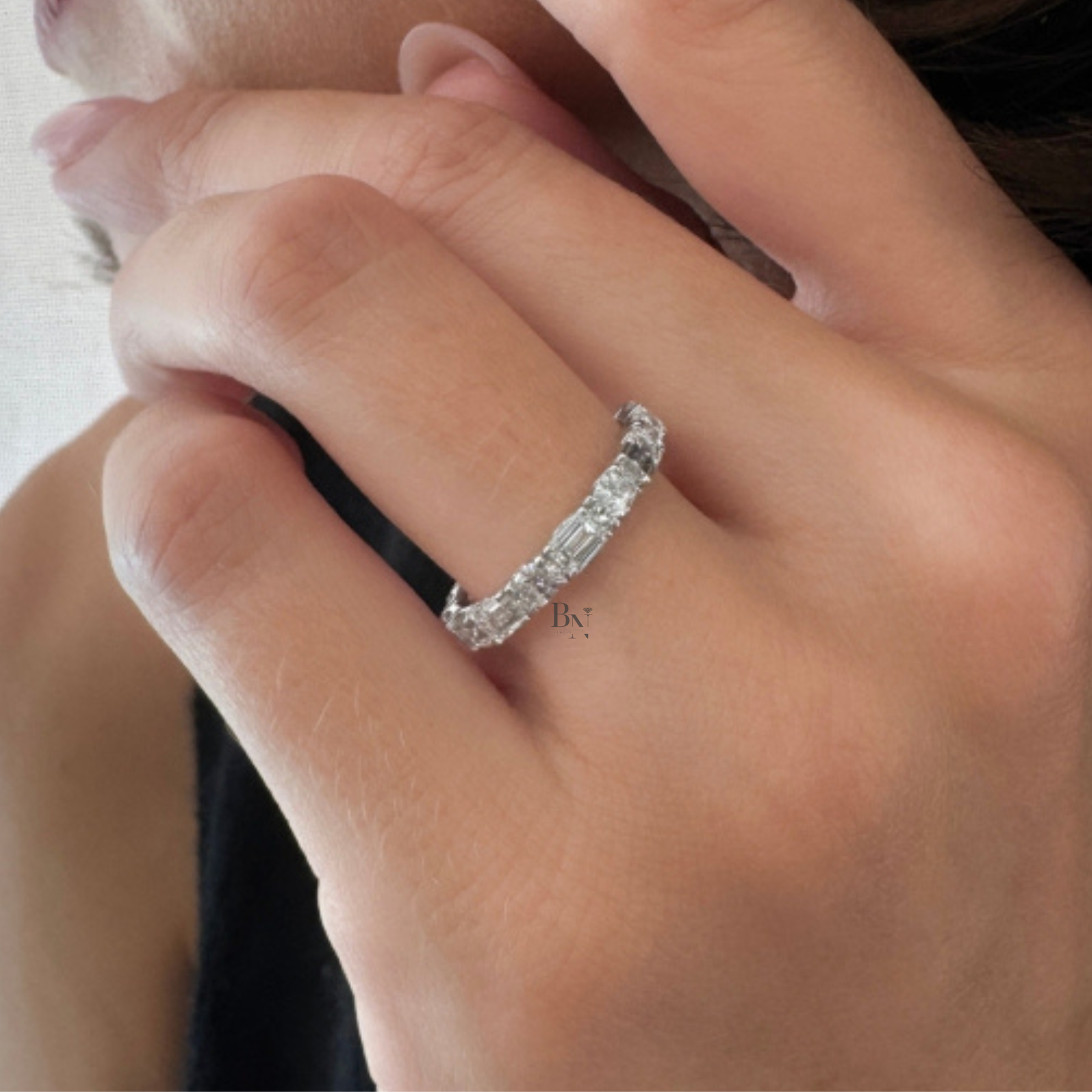 Alternating Oval and Emerald Lab Diamond Band, 2.00 CTW East West Eternity Ring
