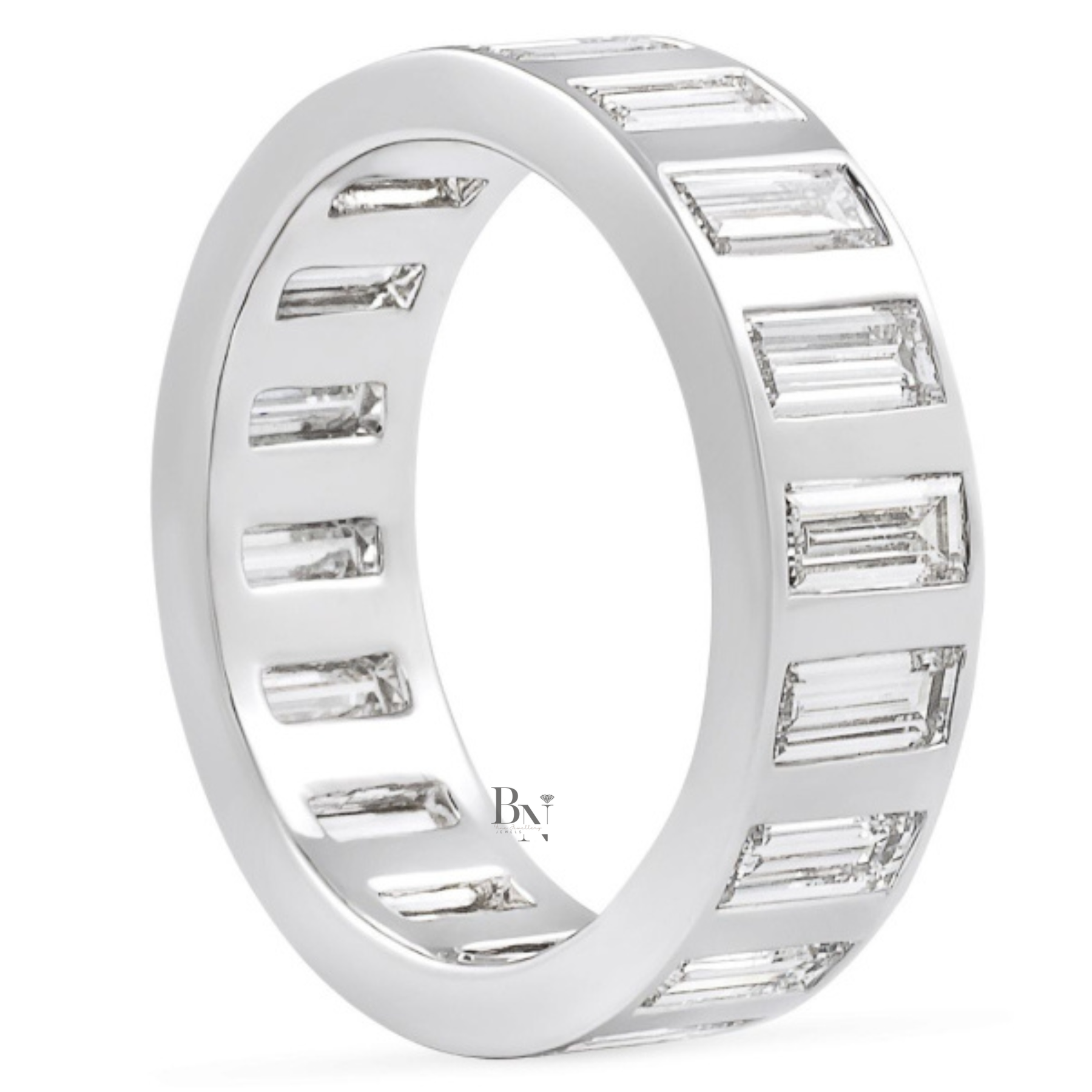 4CTW Baguette Lab Diamond Mens Wedding Band, Wide 6.6mm Flush Set Eternity Ring, 14K Gold Statement Band