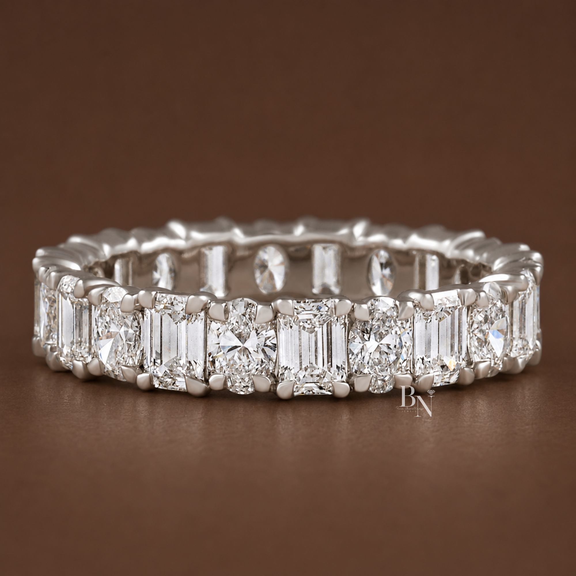 2.85CTW Alternating Oval and Emerald Lab Diamond Band, Mixed Shape Full Eternity Ring, 14K Gold Wedding Band