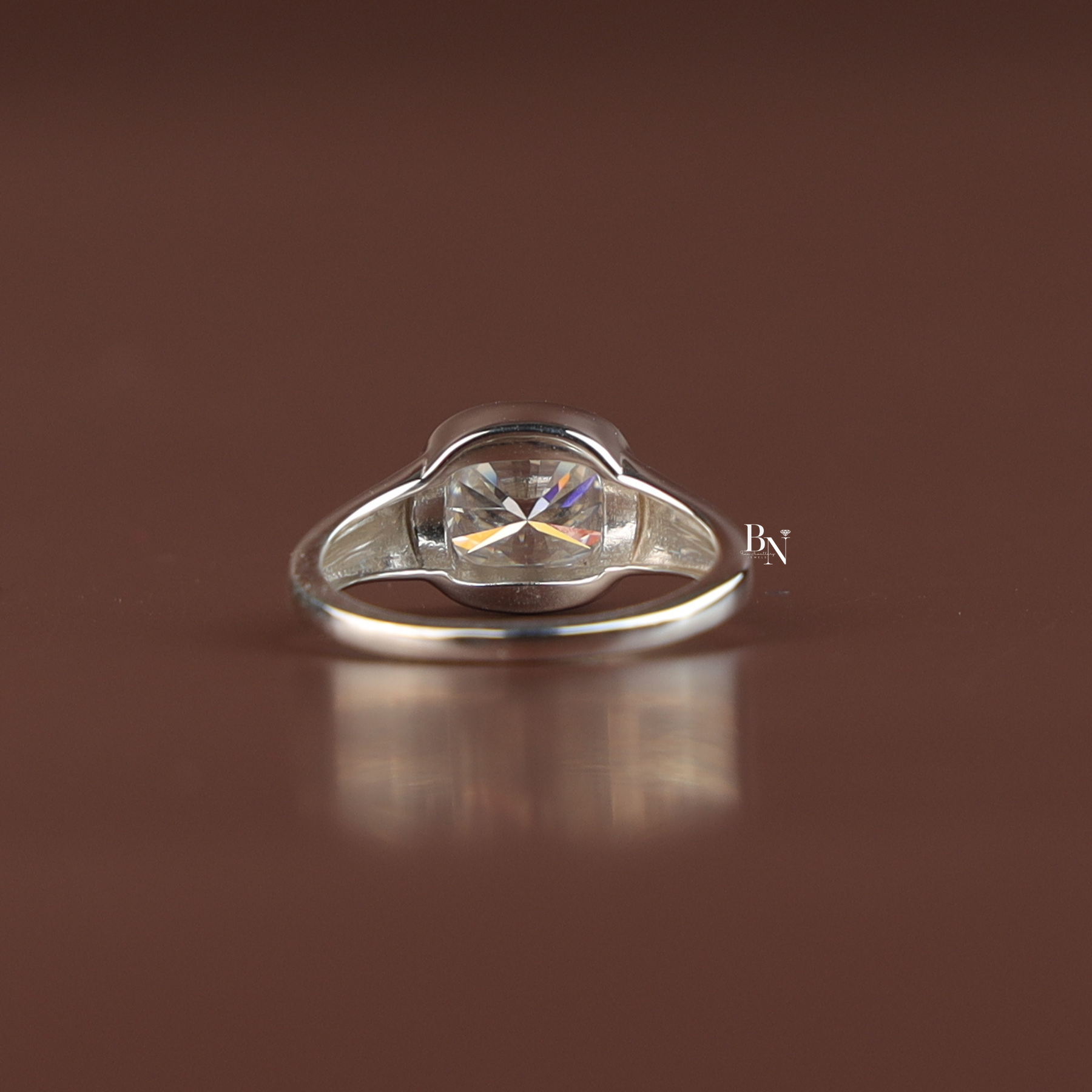 1.40 CT East West Cushion Cut Lab Diamond Ring, Low Profile Bezel Set Solitaire Ring