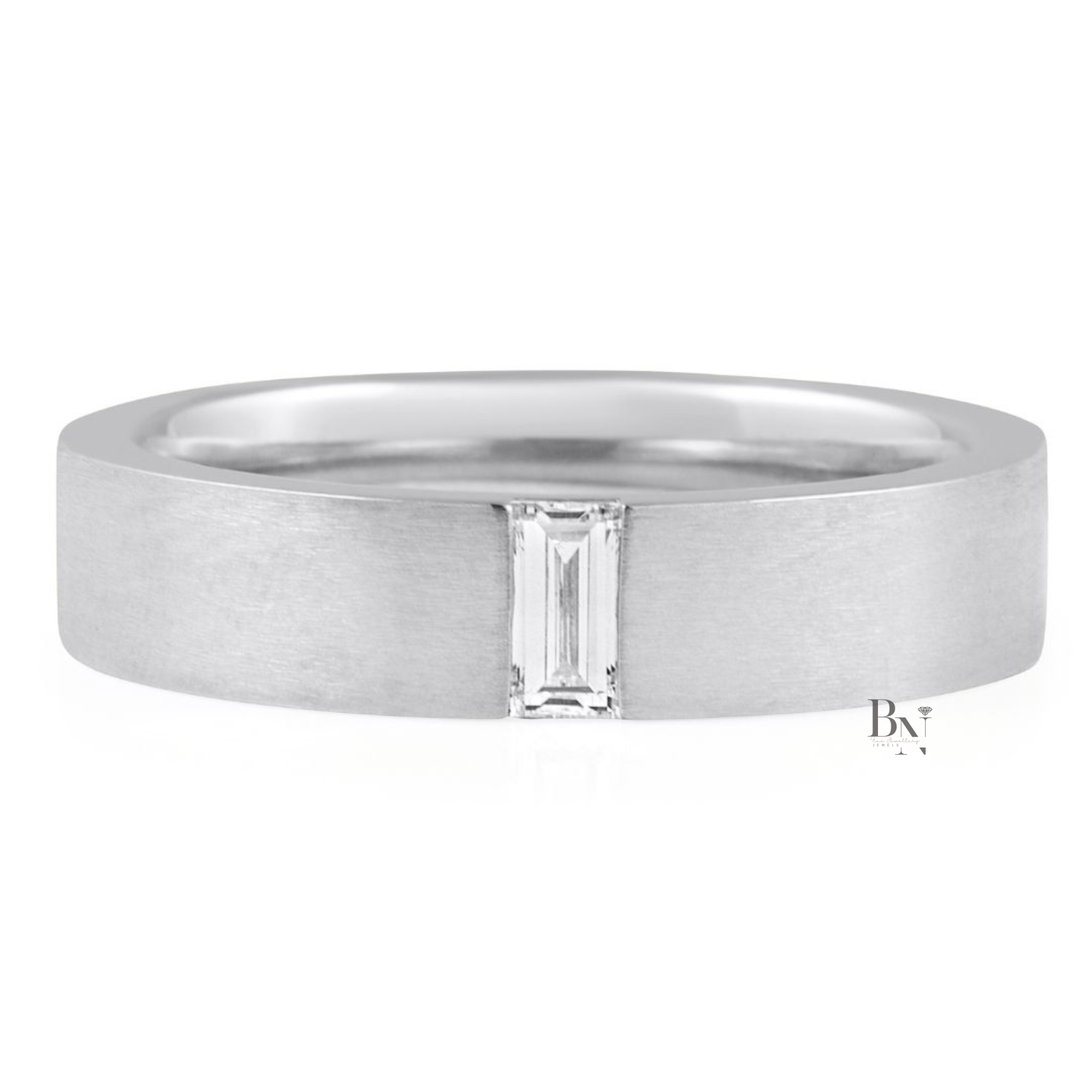 14K Gold Mens Lab Diamond Wedding Band, Matte Baguette Flush Set Ring, 5.2mm Minimalist Anniversary Band
