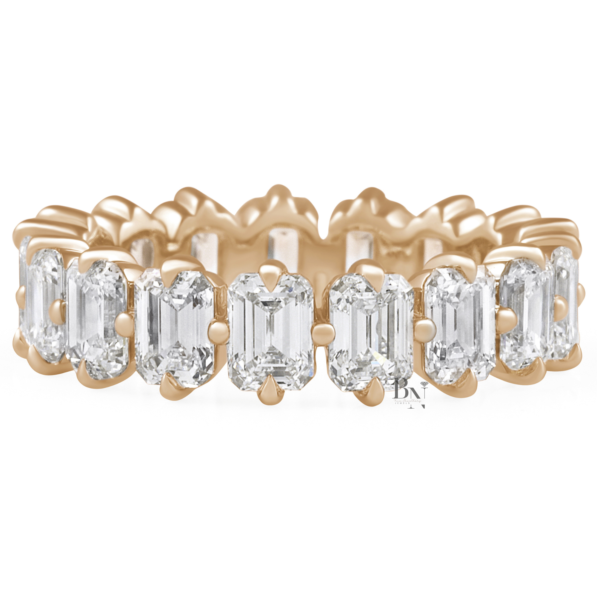 4CTW Emerald Cut Lab Diamond Eternity Band, Compass Prong Wedding Ring, 14K Gold 5.3mm Band