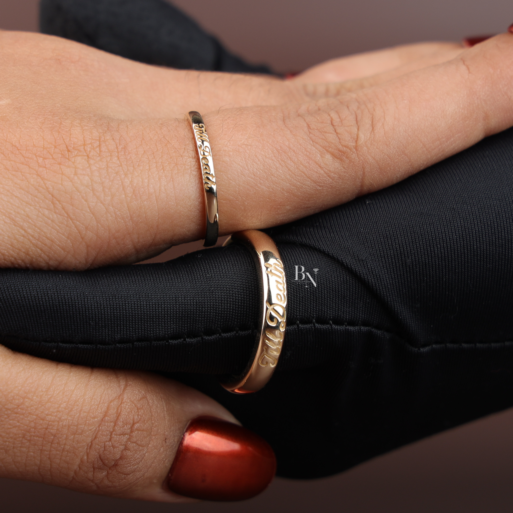 Till Death Wedding Band Set, 14K Gold Couple Rings, Matching Engraved Bands, Script Wedding Ring Set
