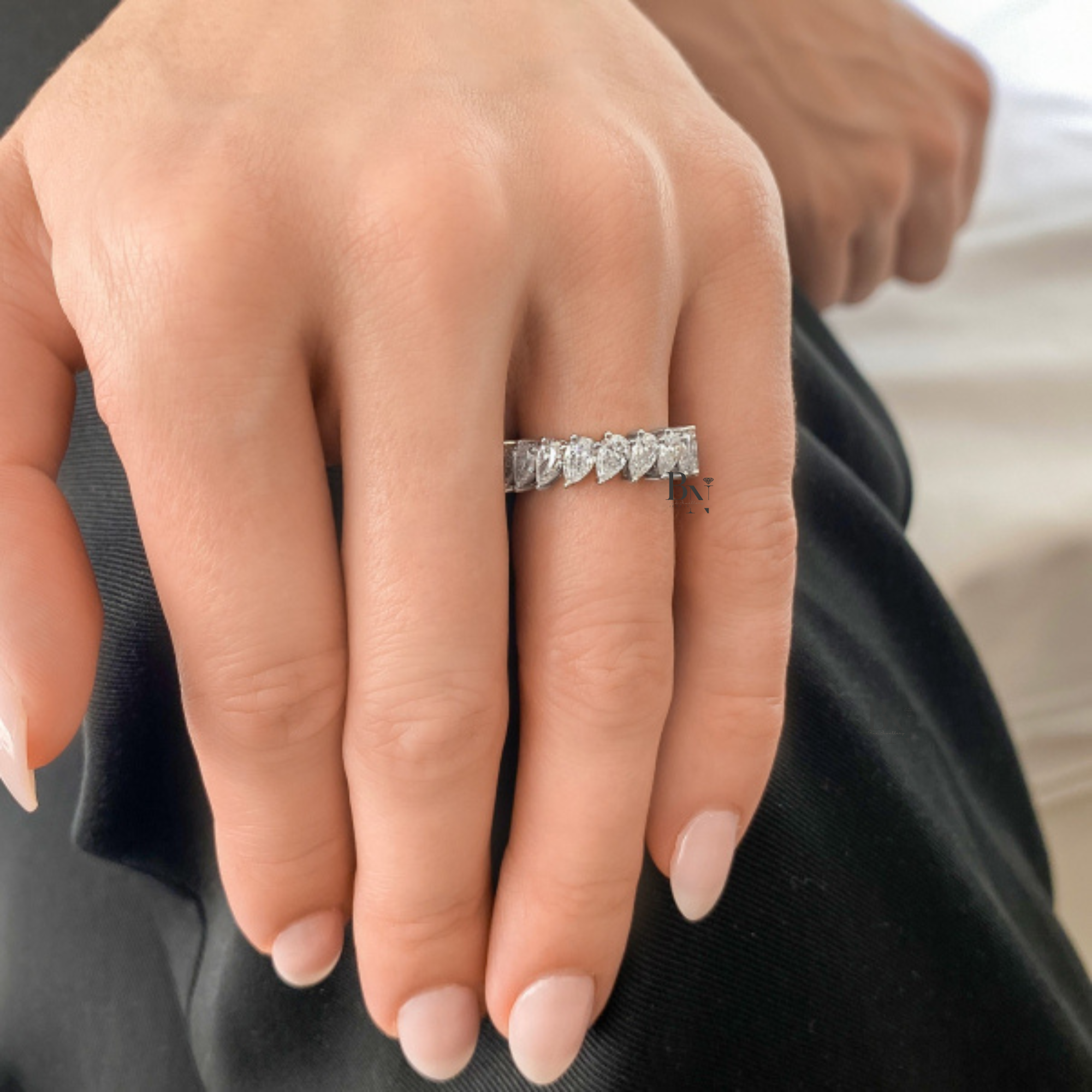 3.60ct Pear Lab Grown Diamond Eternity Band, Platinum Slanted Wedding Ring, 5.5mm Wide