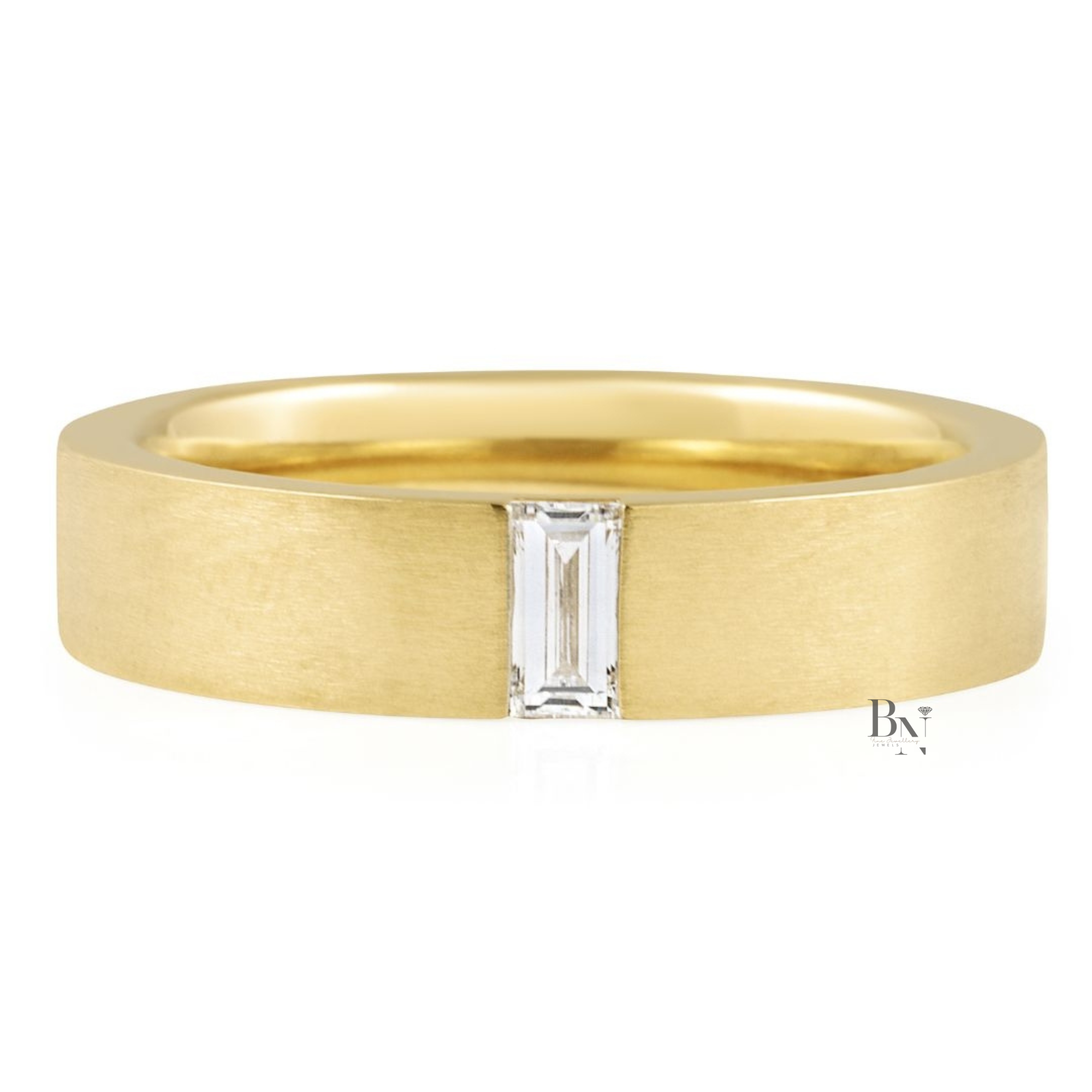14K Gold Mens Lab Diamond Wedding Band, Matte Baguette Flush Set Ring, 5.2mm Minimalist Anniversary Band