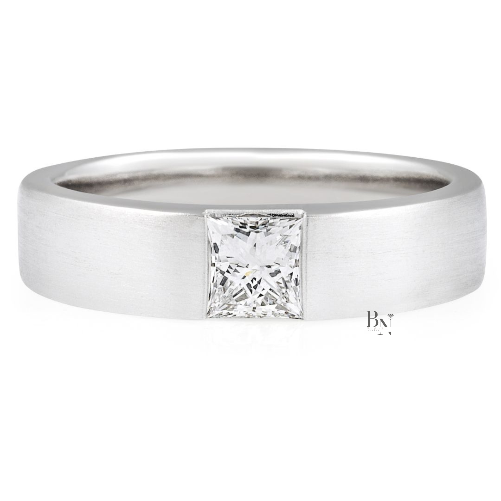 14K Gold Mens Lab Diamond Wedding Band, Matte Princess Cut Flush Set Ring, 5.2mm Minimalist Anniversary Band