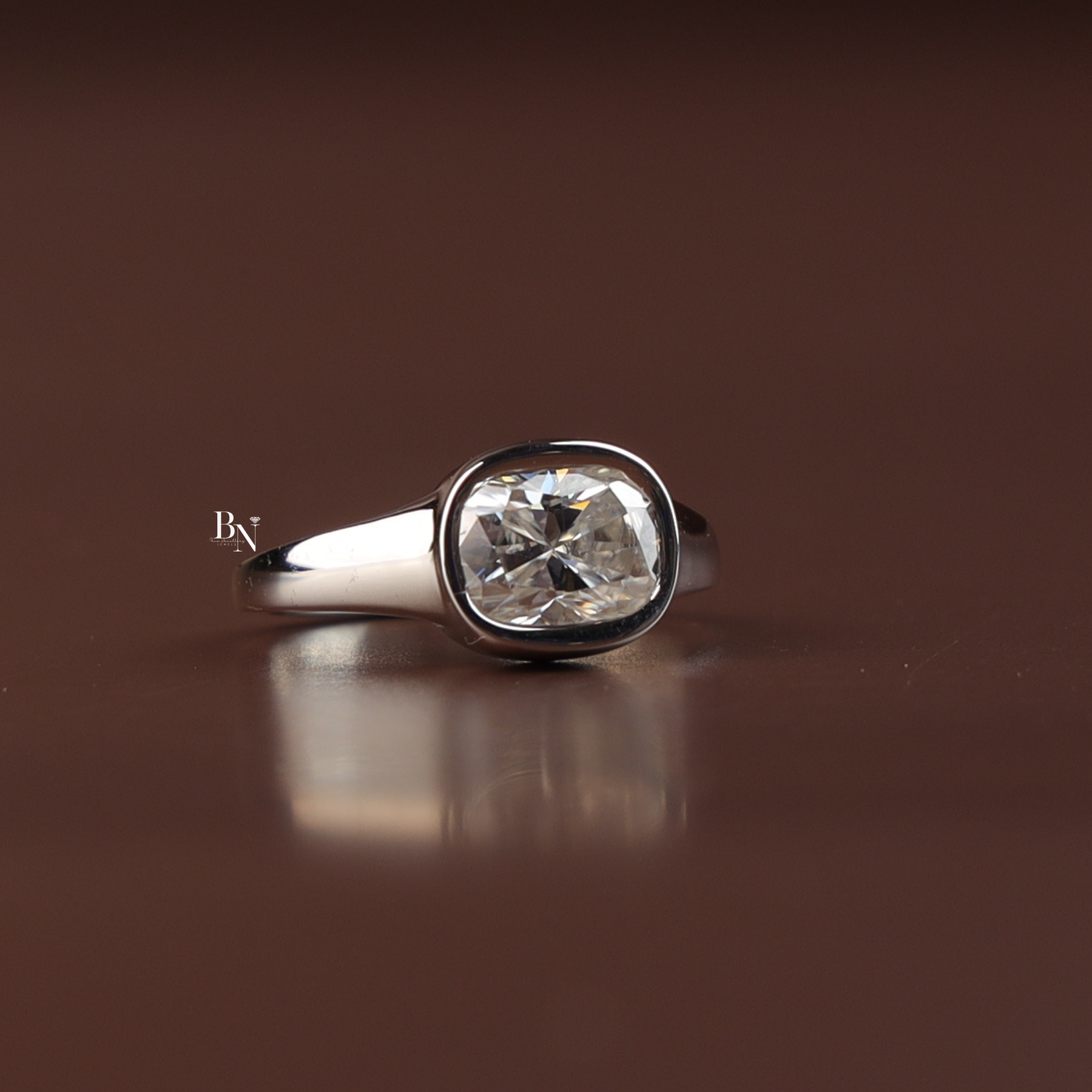 1.40 CT East West Cushion Cut Lab Diamond Ring, Low Profile Bezel Set Solitaire Ring