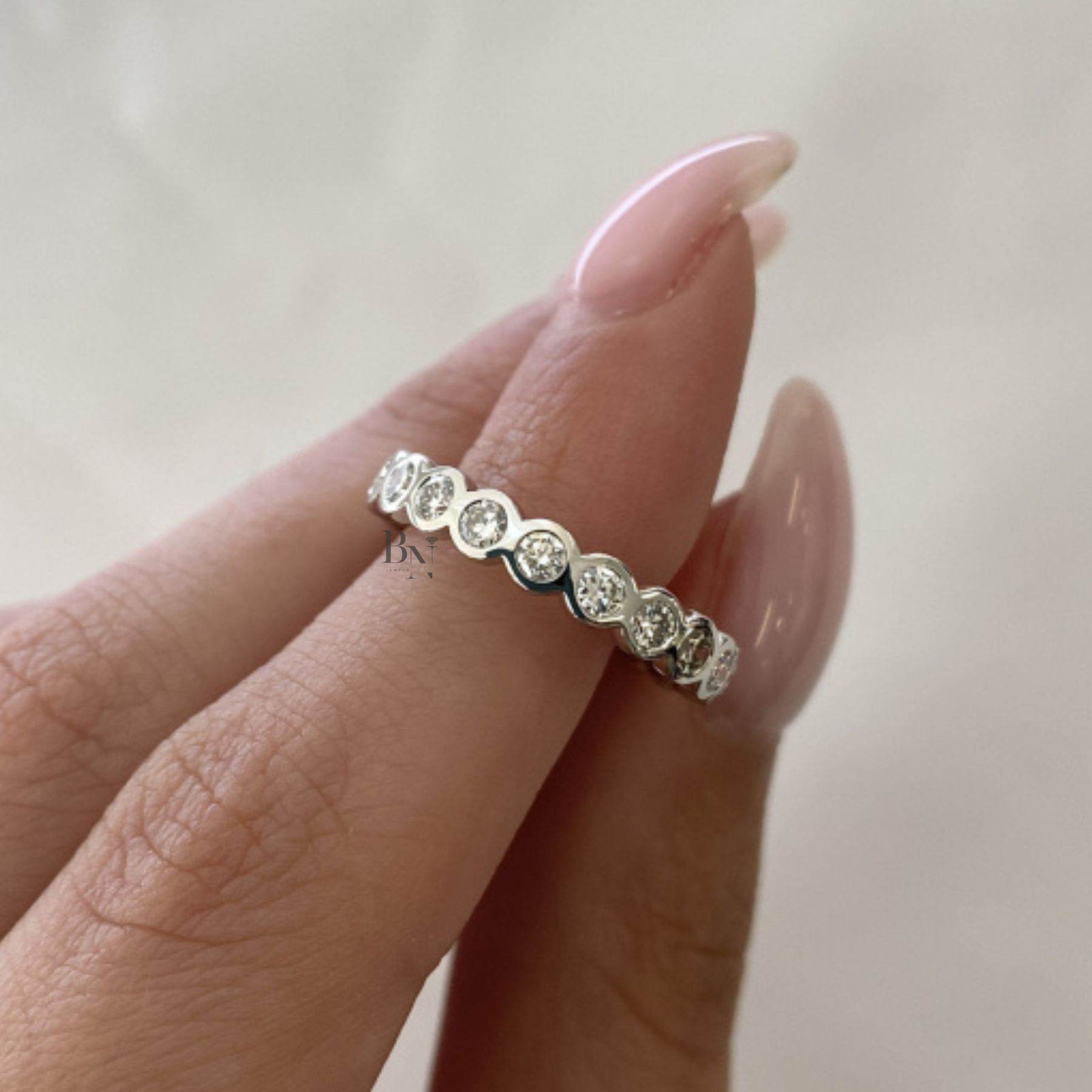 Bezel Set Lab Diamond Eternity Band, Full Round Cut Wedding Ring, 1.15CTW 3.4mm Modern Stacking Band