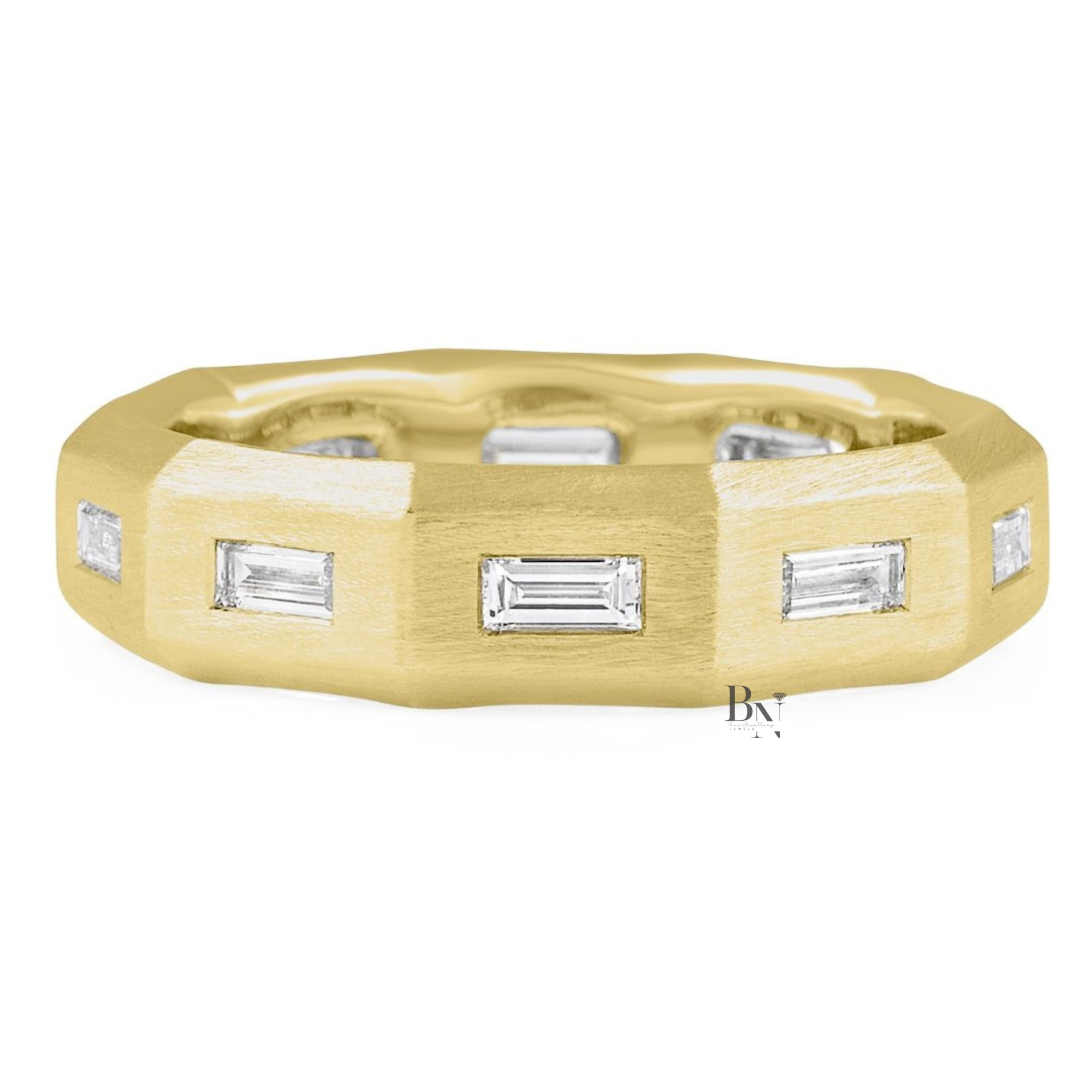 Geometric Mens Lab Diamond Wedding Band, Faceted 14K Gold Ring, Matte Baguette Statement Band