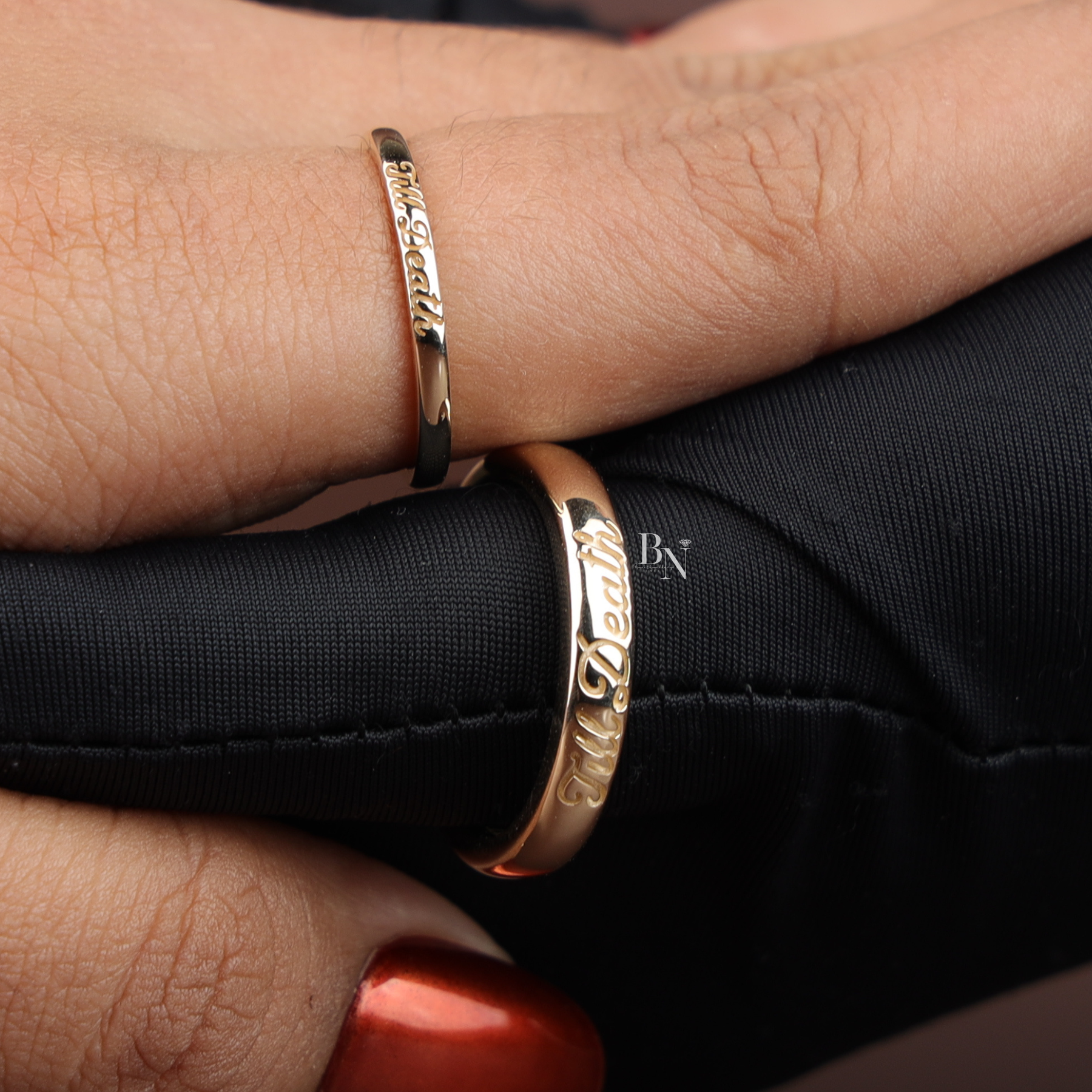 Till Death Wedding Band Set, 14K Gold Couple Rings, Matching Engraved Bands, Script Wedding Ring Set