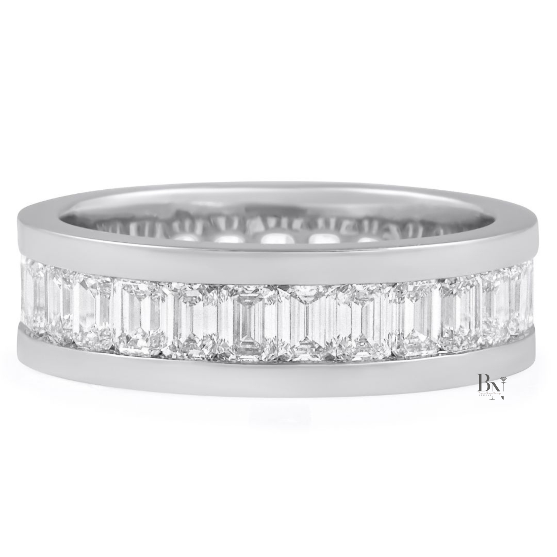 Mens Diamond Wedding Band, 3.90CT Emerald Cut Lab Grown Eternity Ring, 14K Gold Channel Set Band, 6.5mm Wide