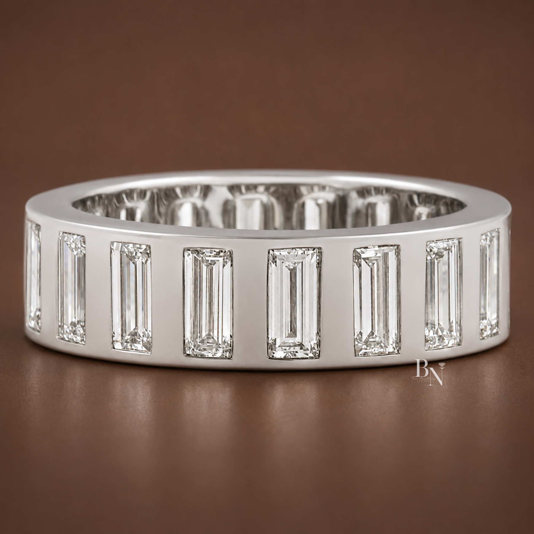 4CTW Baguette Lab Diamond Mens Wedding Band, Wide 6.6mm Flush Set Eternity Ring, 14K Gold Statement Band