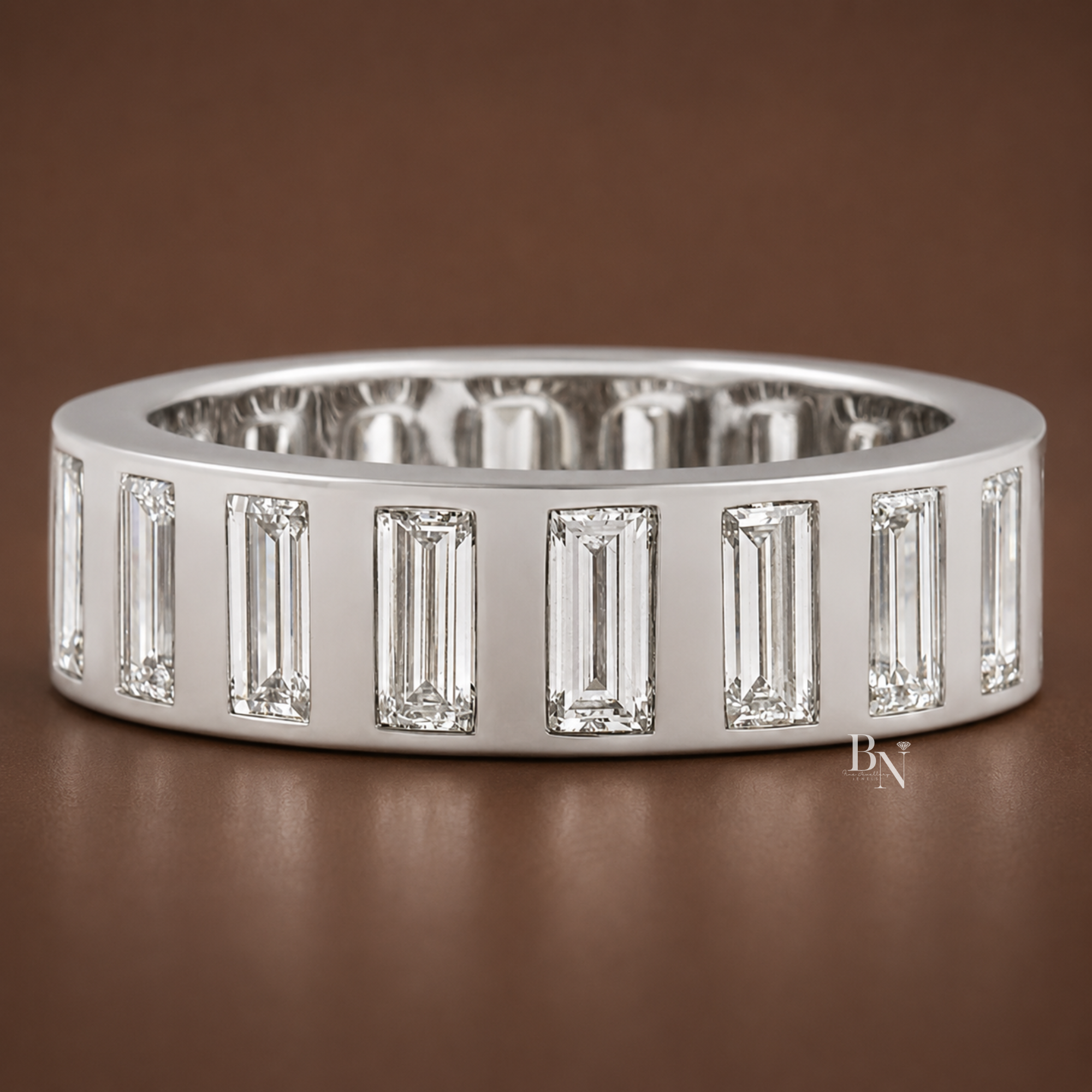 Side profile view of a wide 6.6mm white gold men's eternity band featuring vertical flush-set baguette lab-grown diamonds spaced evenly around the ring.