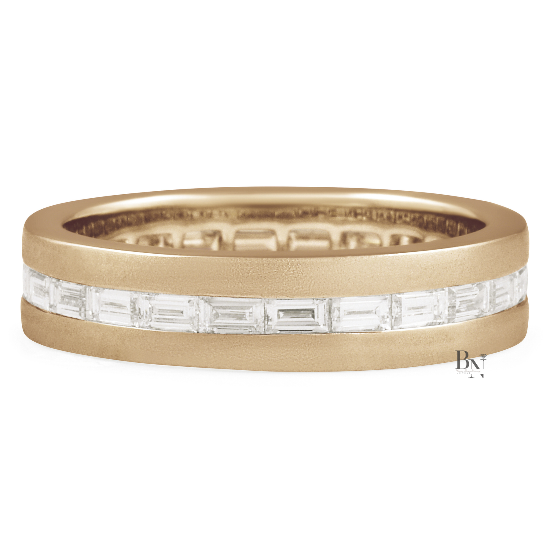 Mens Diamond Wedding Band, Baguette Lab Grown Eternity Ring, Matte 14K Gold Channel Set Band, 5.5mm East West Ring