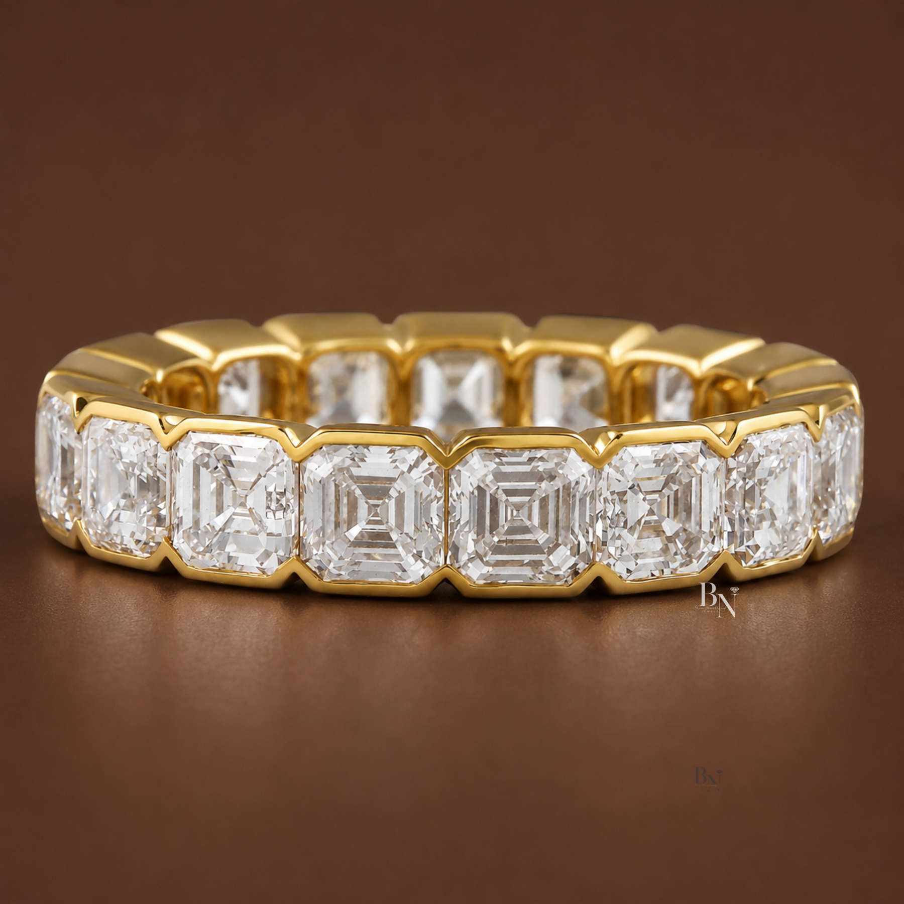 Asscher Cut Lab Diamond Eternity Band, 5.30 CTW Bezel Set Wedding Ring, 14K Gold