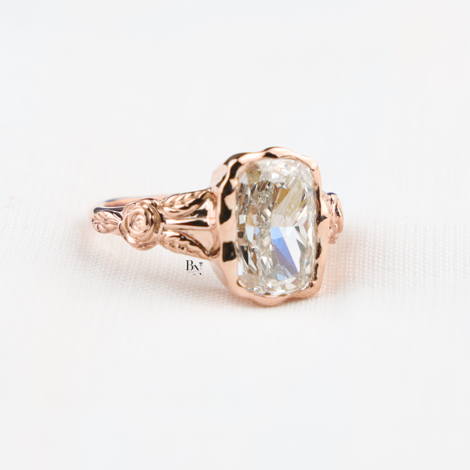 4ct Elongated Cushion Cut Lab Grown Diamond Engagement Ring, Floral Bezel Set Nature Inspired Ring