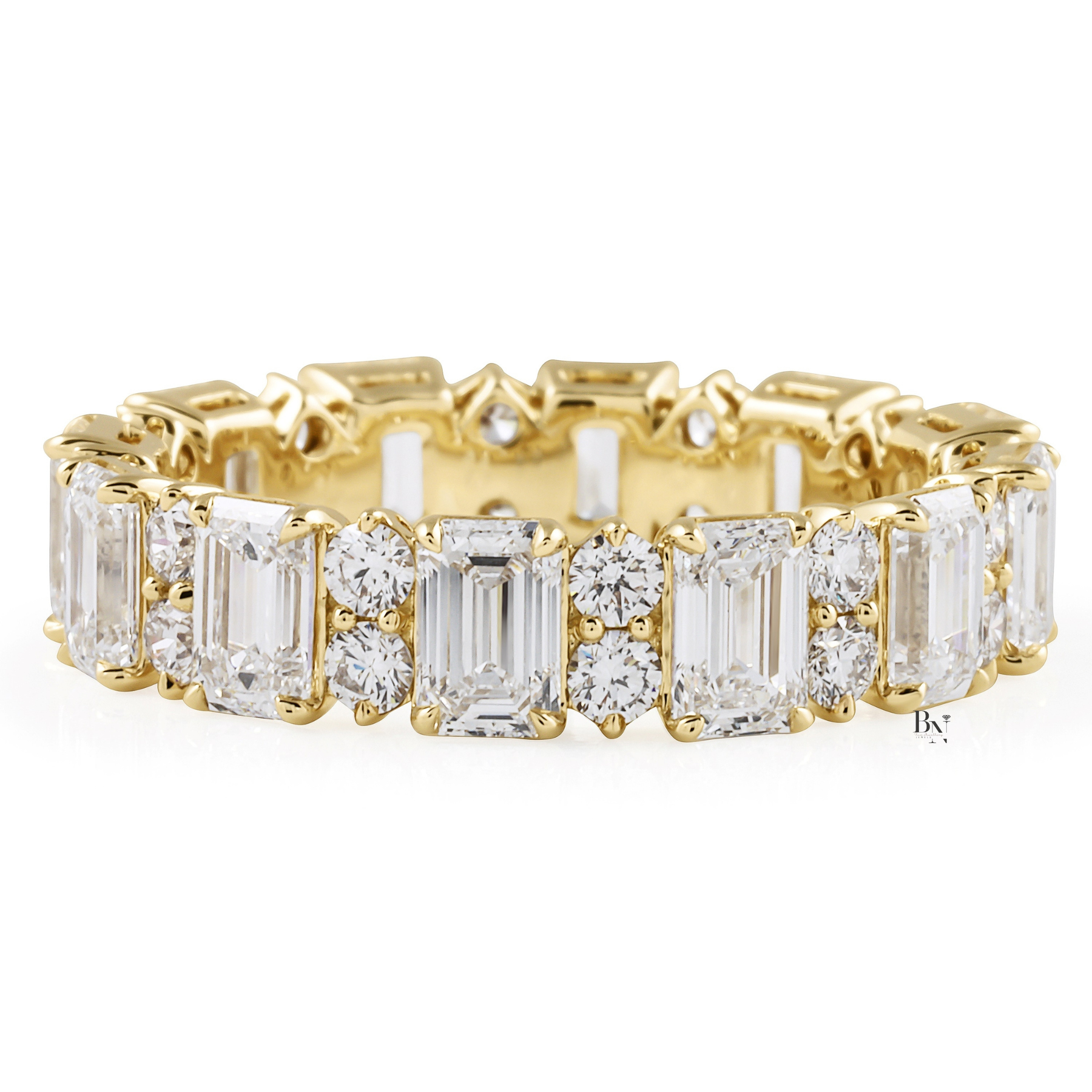 Emerald and Round Lab Grown Diamond Eternity Band, 14K Gold Alternating Cluster Wedding Ring, 3.70 CTW