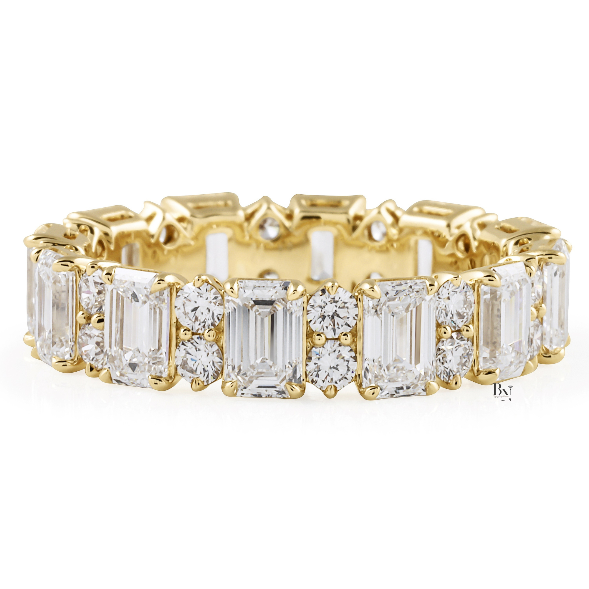 Emerald and Round Lab Grown Diamond Eternity Band, 14K Gold Alternating Cluster Wedding Ring, 3.70 CTW